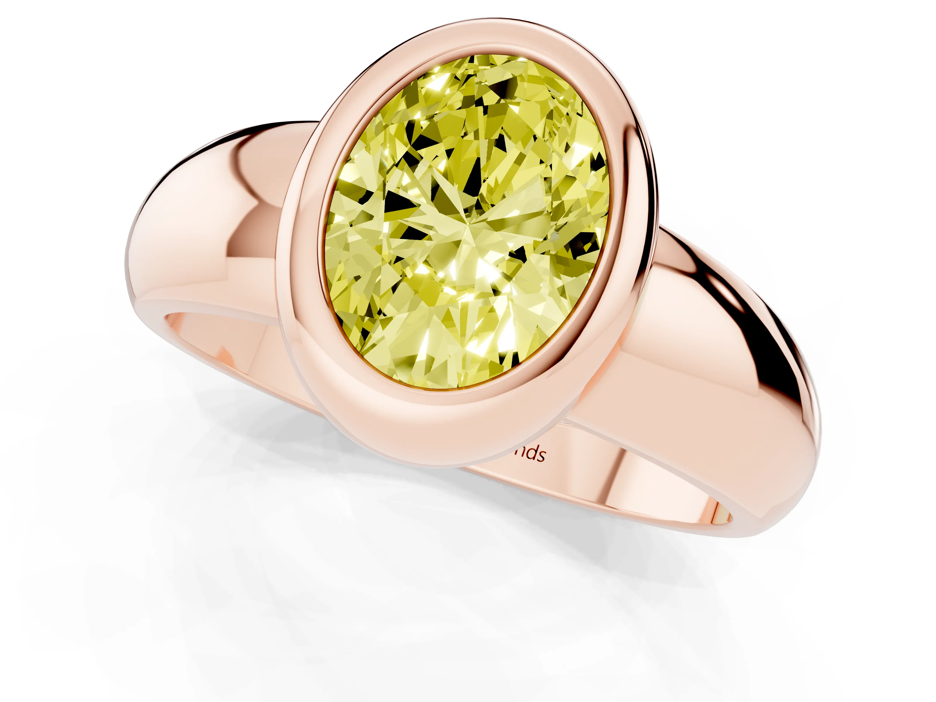 Fancy Yellow Bezel Set Oval Cut Diamond Solitaire Ring Set in Rose gold with Wide Band