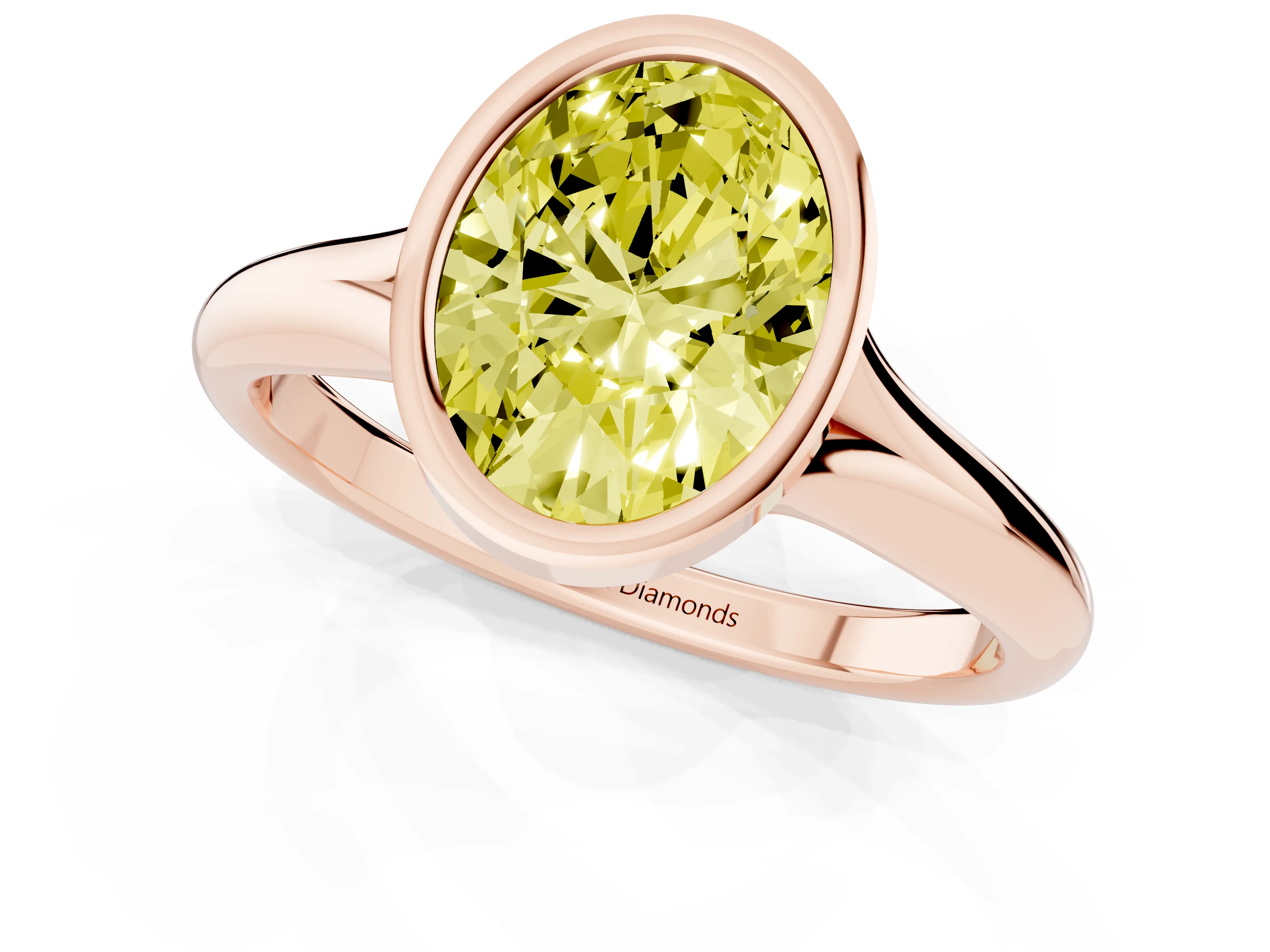 Fancy Yellow Bezel Set Oval Cut Diamond Solitaire Ring Set in Rose gold with Smooth Band