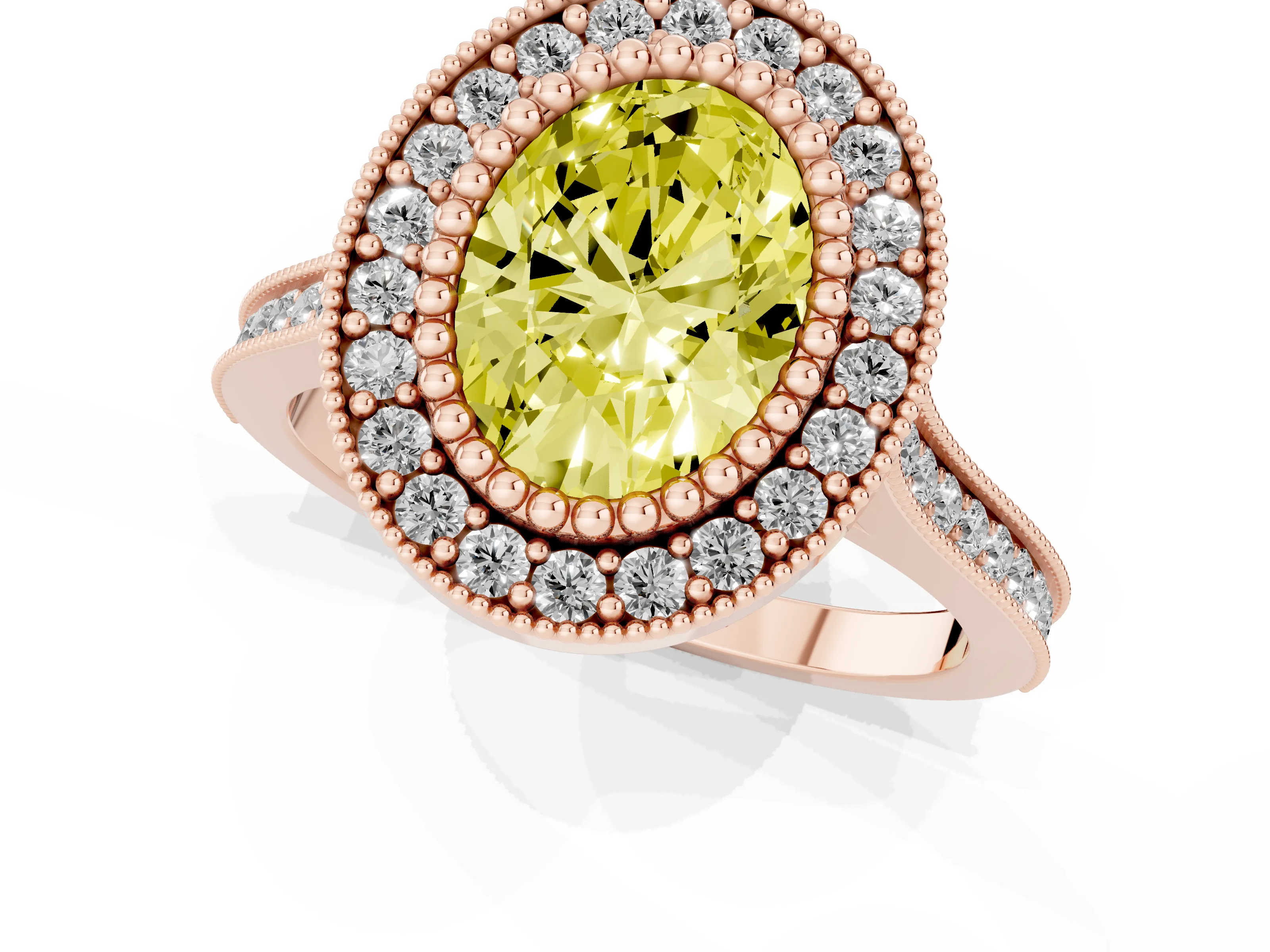 Fancy Yellow Oval Cut Diamond Halo Ring Set in Rose gold with Milgrain Frame and Pavé Band