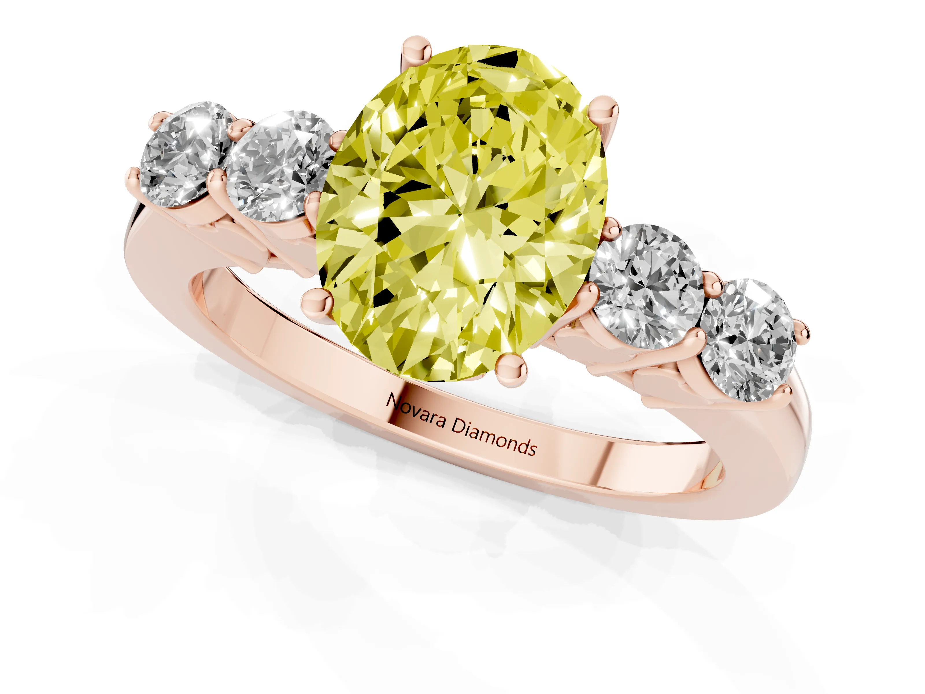 Fancy Yellow Oval Cut Diamond Five-Stone Prong Set Band Ring Set in Rose gold with Polished Band