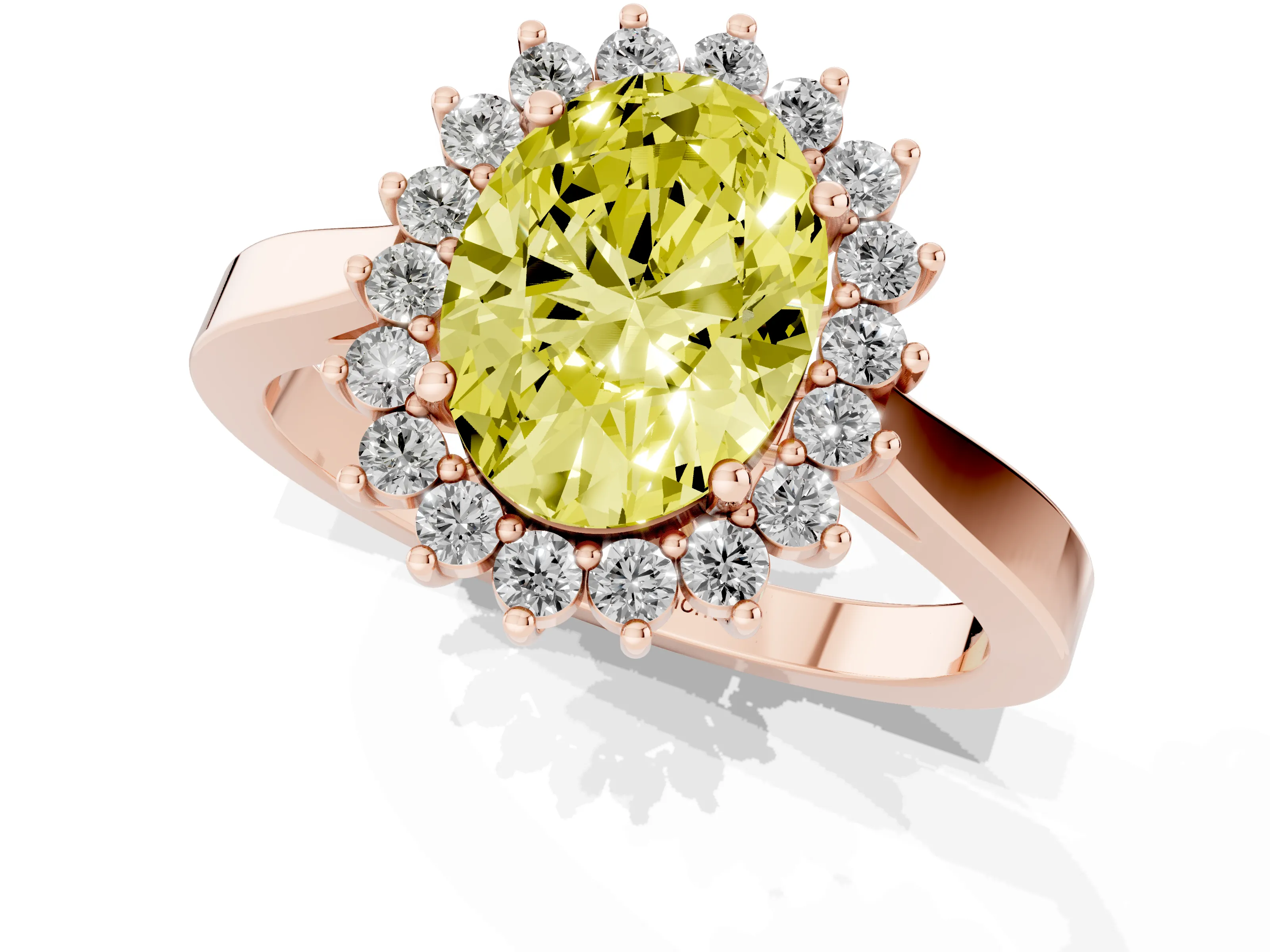 Fancy Yellow Oval Cut Diamond Halo Ring Set in Rose gold with Round Halo and Smooth Solitaire Band