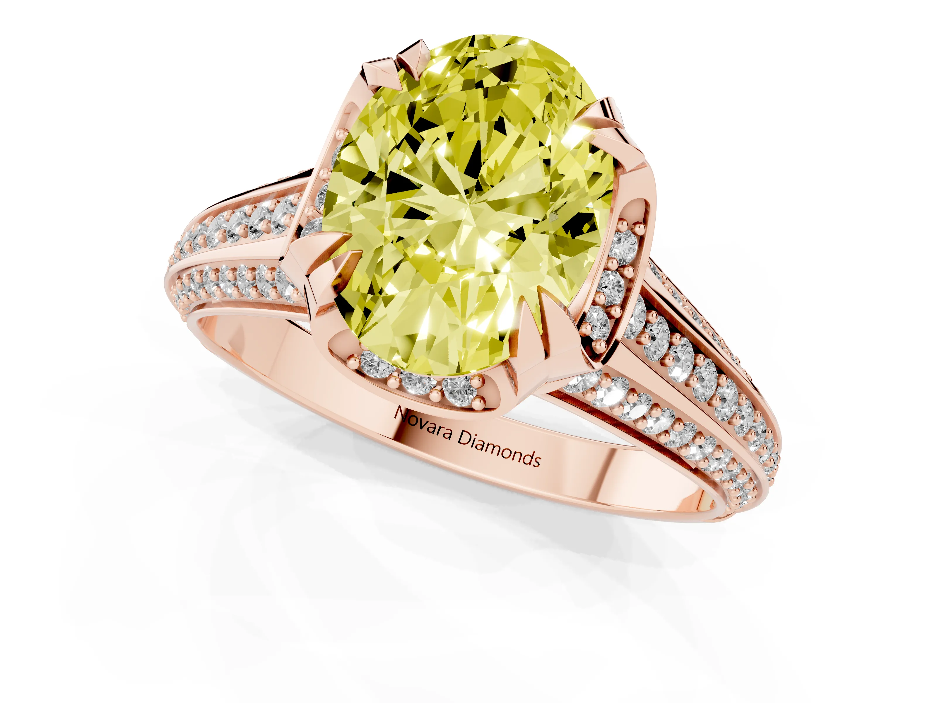 Fancy Yellow Oval Cut Diamond Pavé Split Shank Solitaire Ring Set in Rose gold with Prong Setting