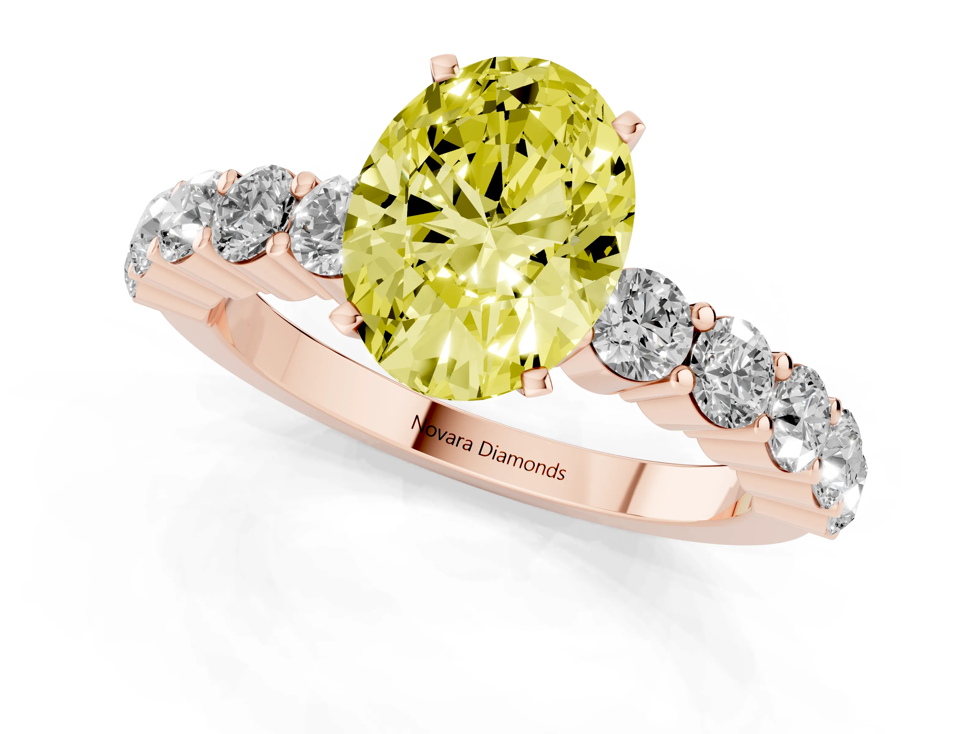 Fancy Yellow Oval Cut Diamond Solitaire Ring Set in Rose gold with Shared Prong Round Side Stones