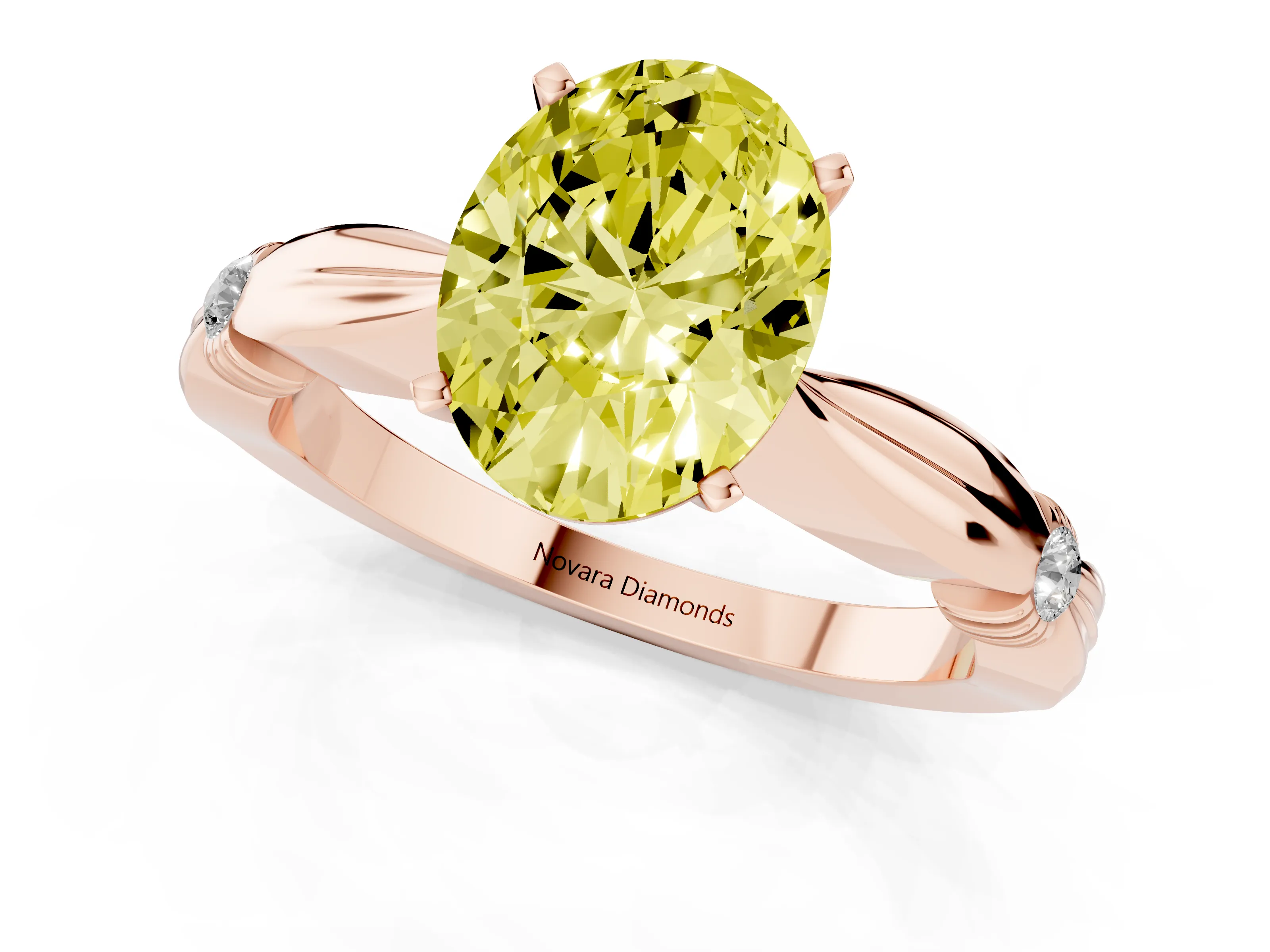 Fancy Yellow Oval Cut Diamond Solitaire Twisted Band Ring Set in Rose gold with Accent Stones and Prong Setting