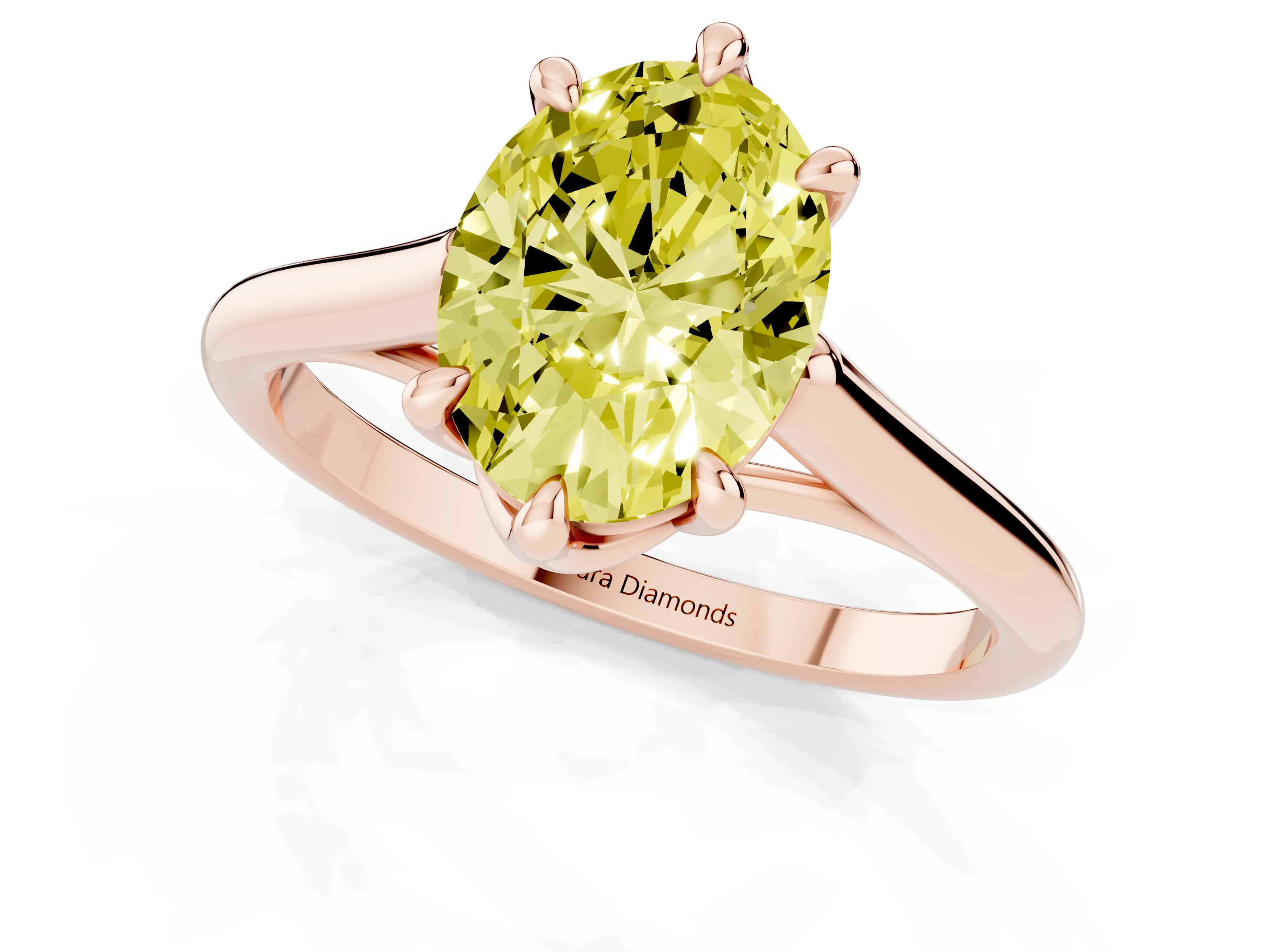 Fancy Yellow Oval Cut Diamond Solitaire Engagement Ring Set in Rose gold with Prong Setting and Plain Classic Band