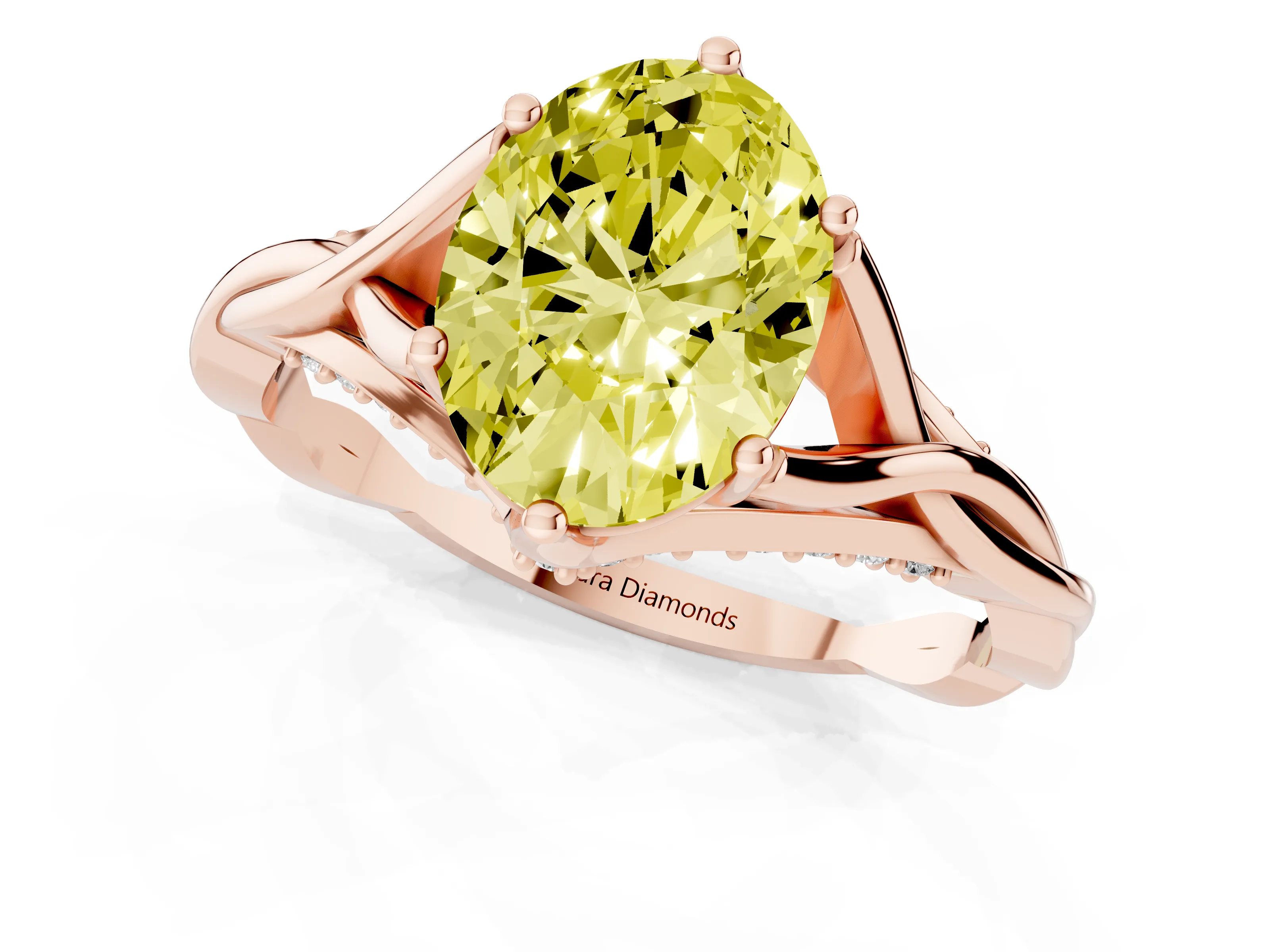 Fancy Yellow Oval Cut Diamond Intertwined Twist Band Solitaire Ring Set in Rose gold with Prong Setting