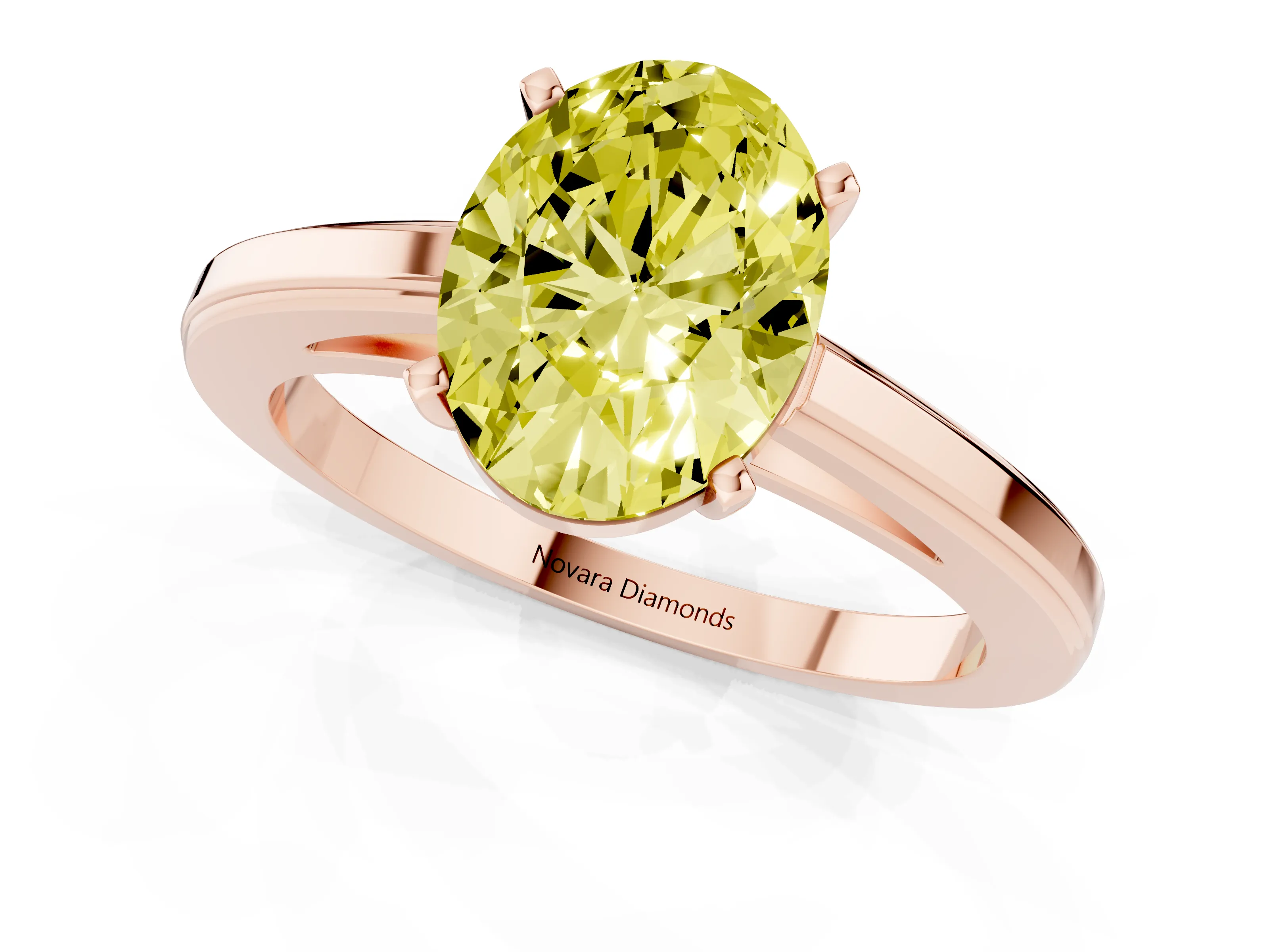Fancy Yellow Oval Cut Diamond Solitaire Ring Set in Rose gold with Prong Setting and Classic Band