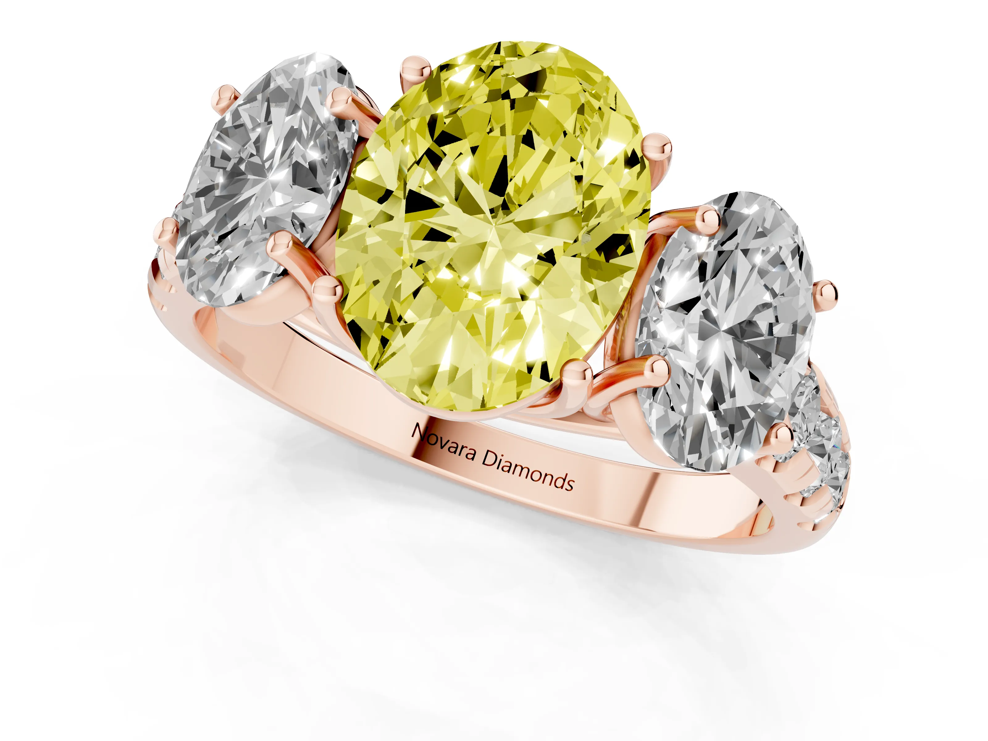 Fancy Yellow Oval Cut Diamond Three-Stone Ring Set in Rose gold with Pavé Band