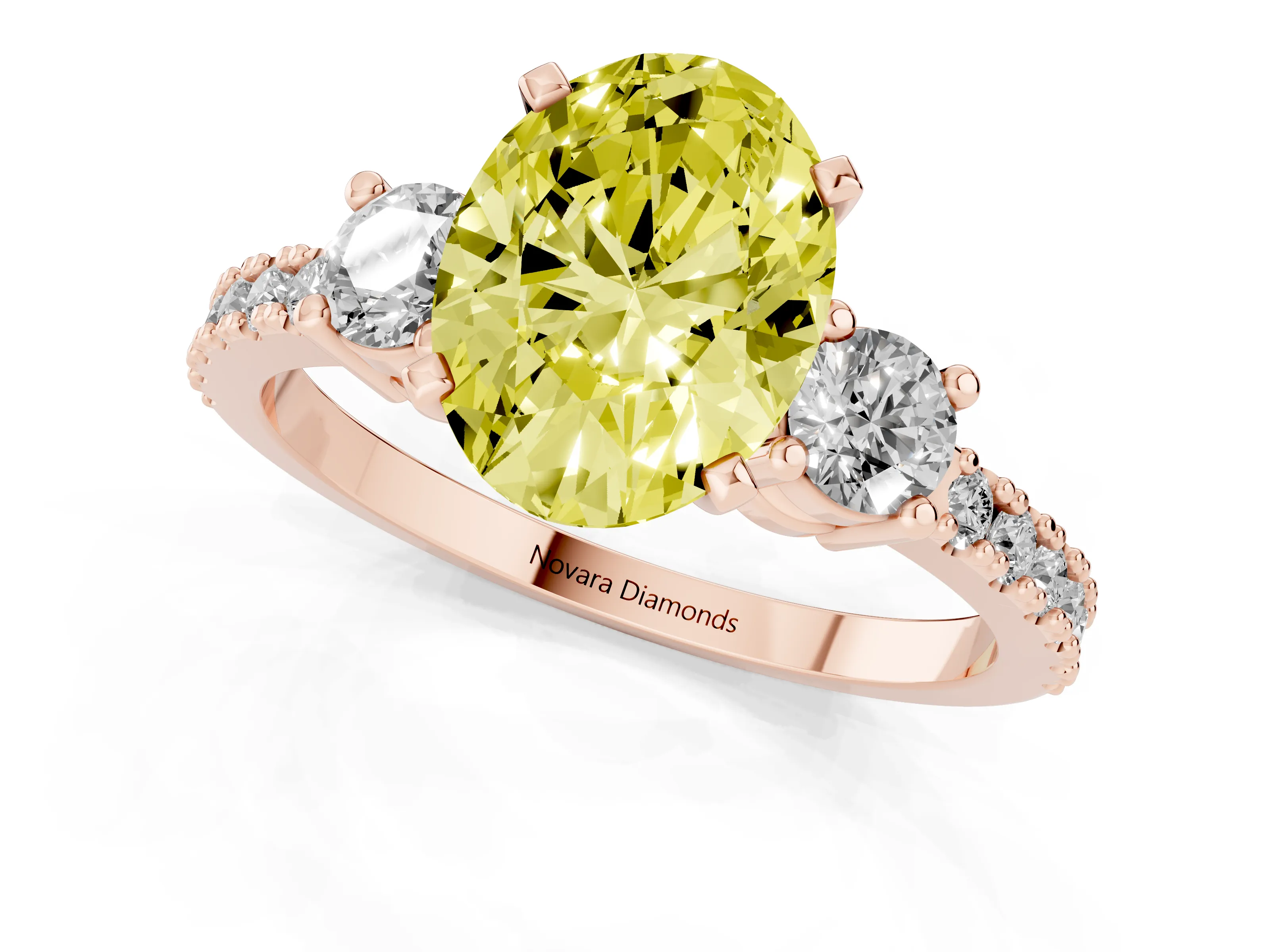 Fancy Yellow Three-Stone Oval Cut Diamond Pavé Band Ring Set in Rose gold with Prong Setting
