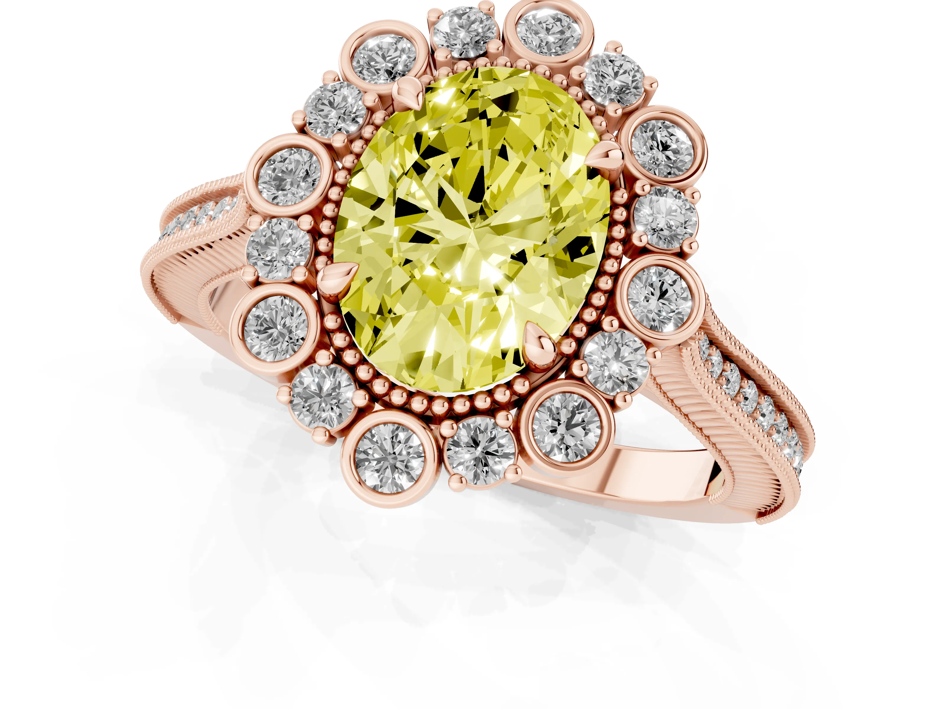 Fancy Yellow Oval Cut Diamond Halo Milgrain Pavé Ring Set in Rose gold with Prong Setting