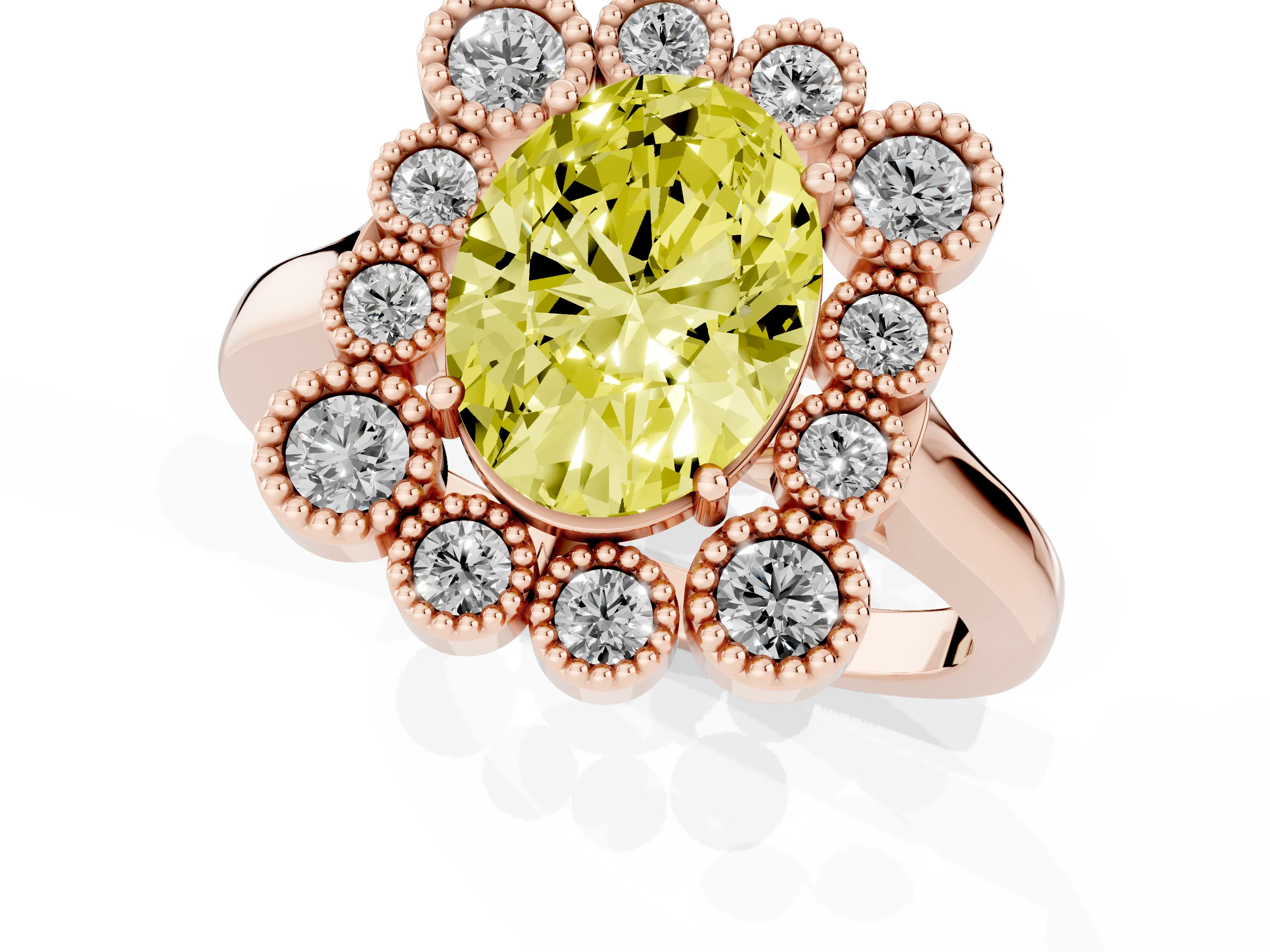 Fancy Yellow Oval Cut Diamond Cluster Halo Ring Set in Rose gold with Milgrain Bezel Accents and Plain Band