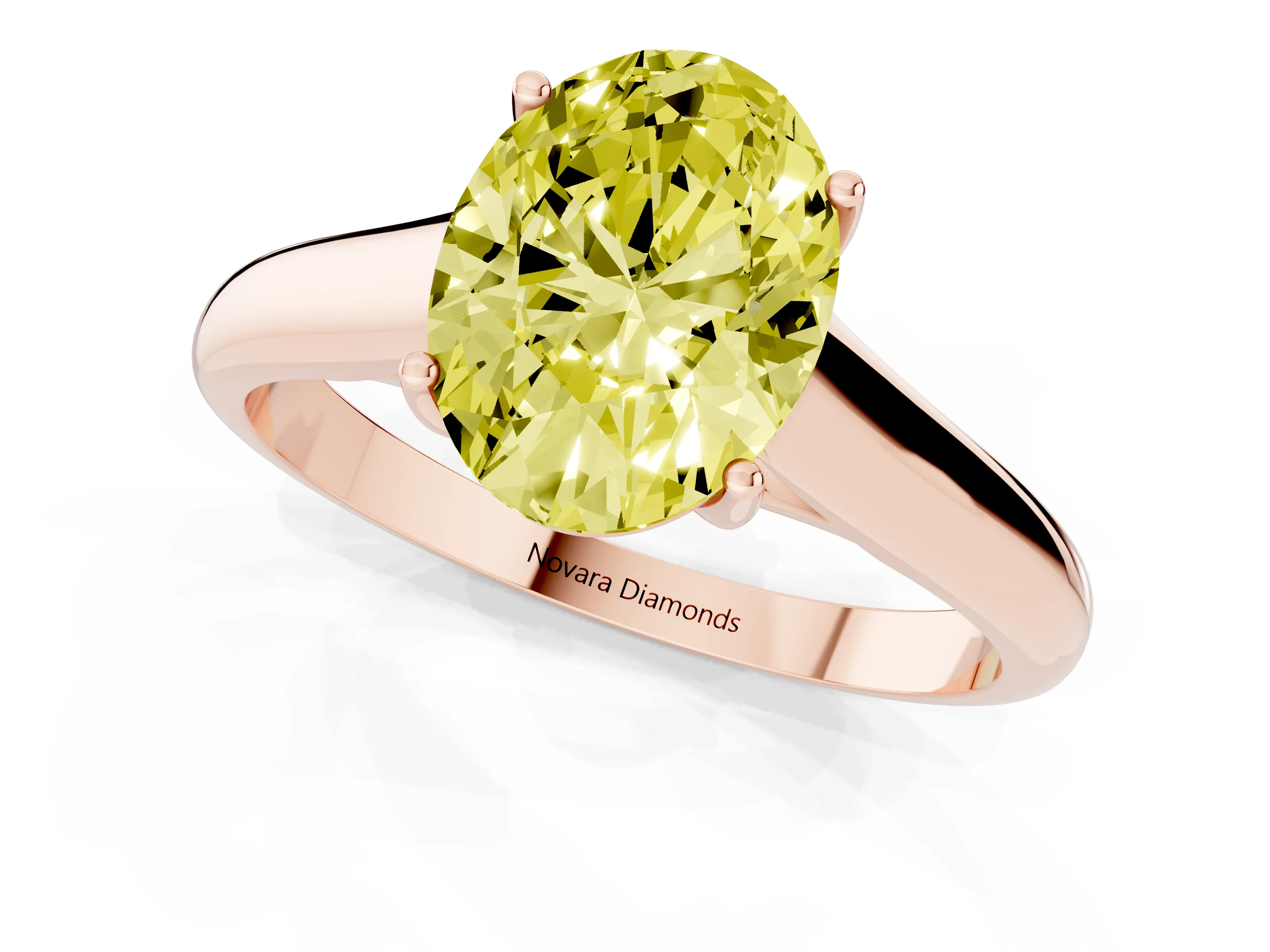 Fancy Yellow Oval Cut Diamond Solitaire Engagement Ring Set in Rose gold with Subtly Tapered Band and Prong Setting