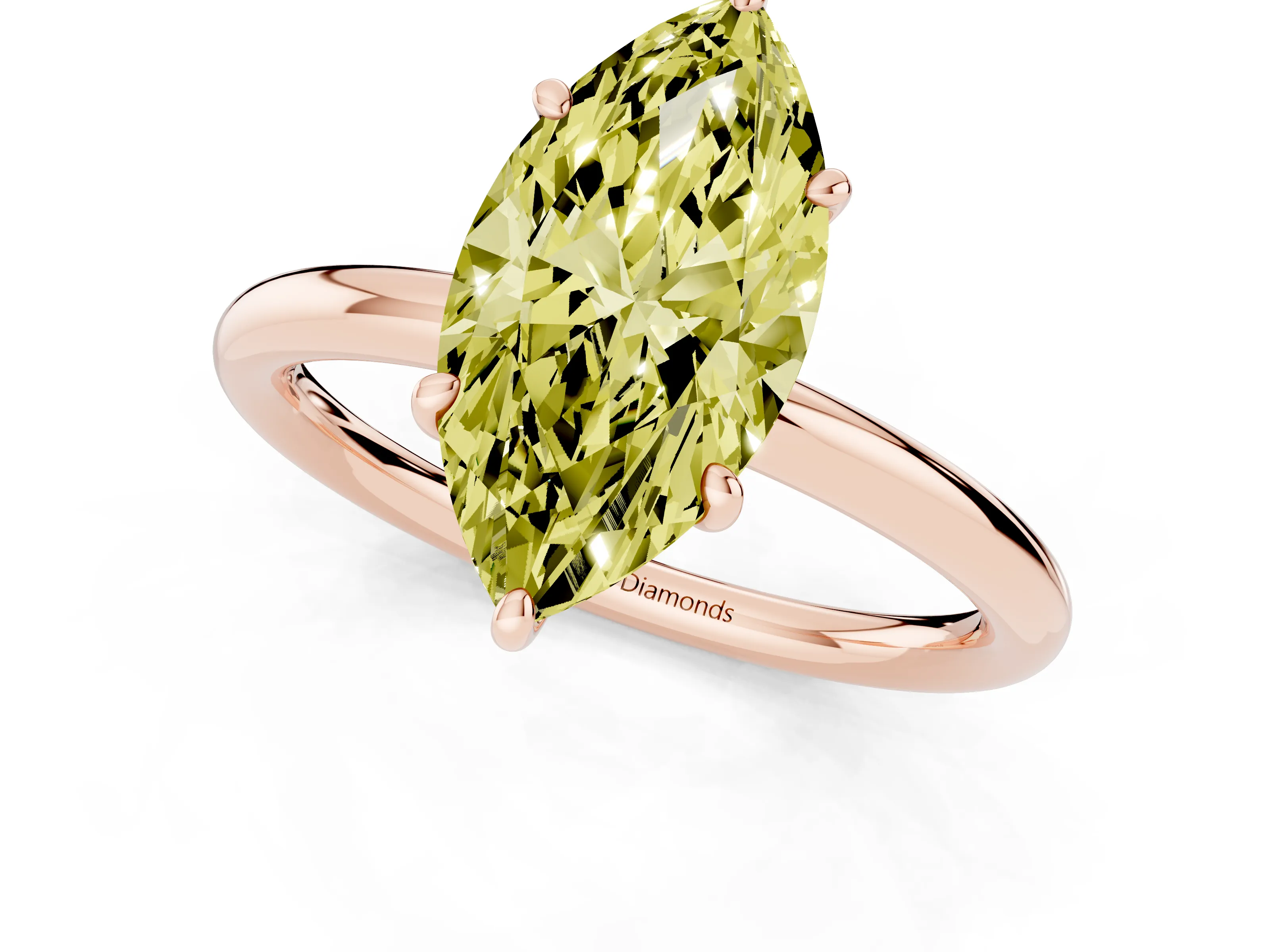 Fancy Yellow Oval Cut Diamond Solitaire Ring Set in Rose gold with Prong Setting on a Polished Plain Band