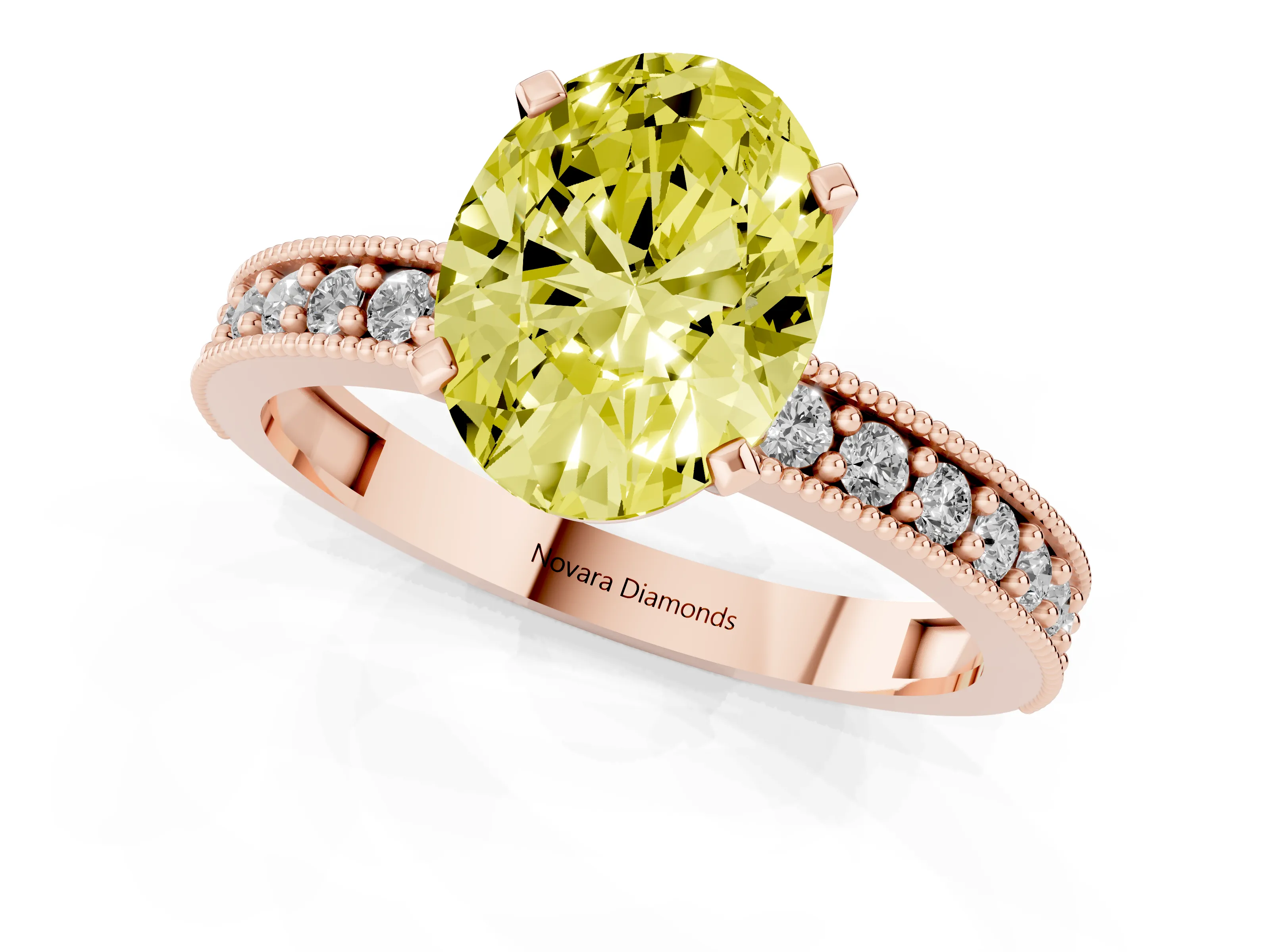 Fancy Yellow Oval Cut Diamond Milgrain Pavé Engagement Ring Set in Rose gold with Prong Setting