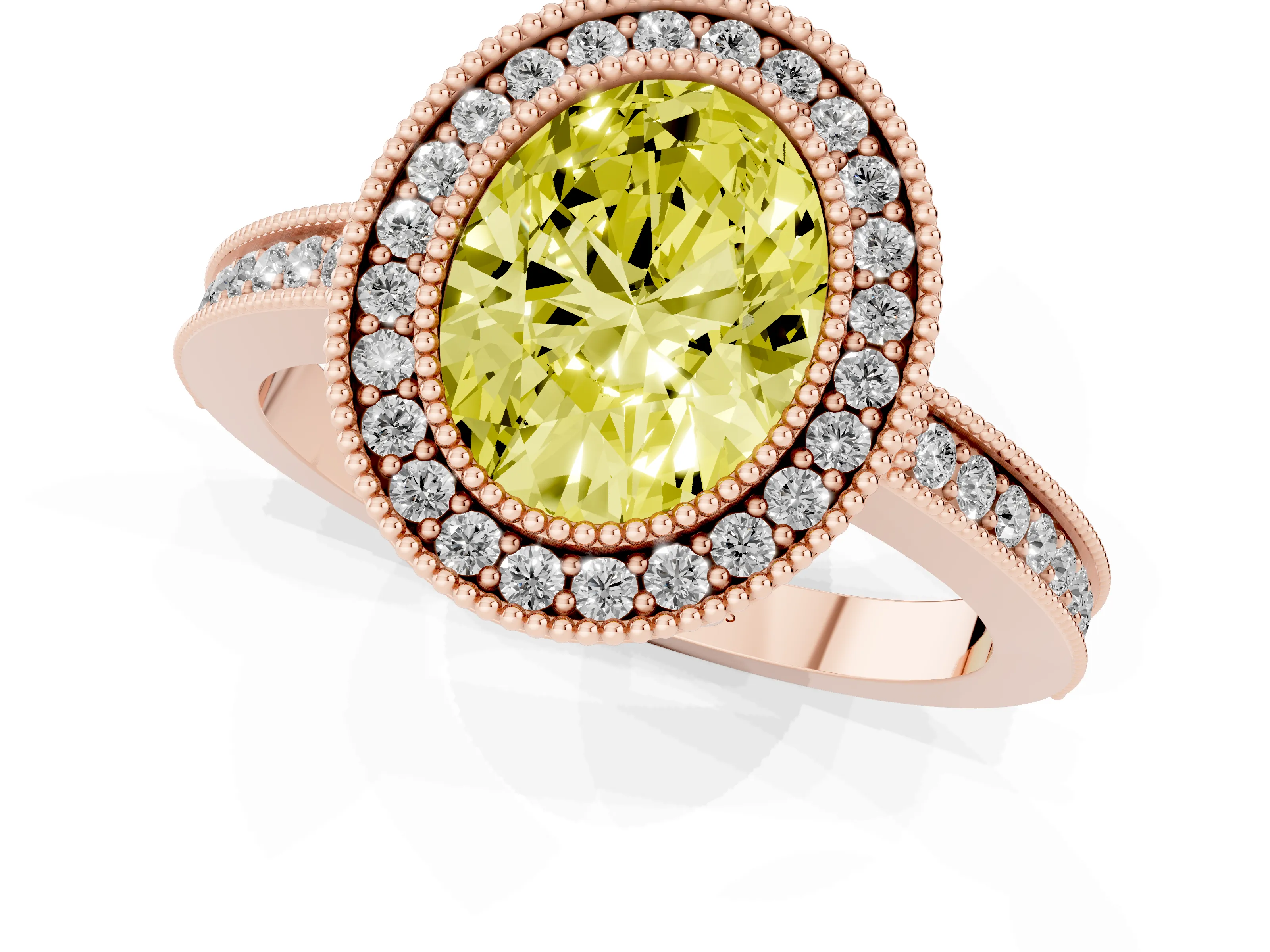 Fancy Yellow Oval Cut Diamond Halo Ring Set in Rose gold with Pavé Band and Milgrain-Edged Prongs