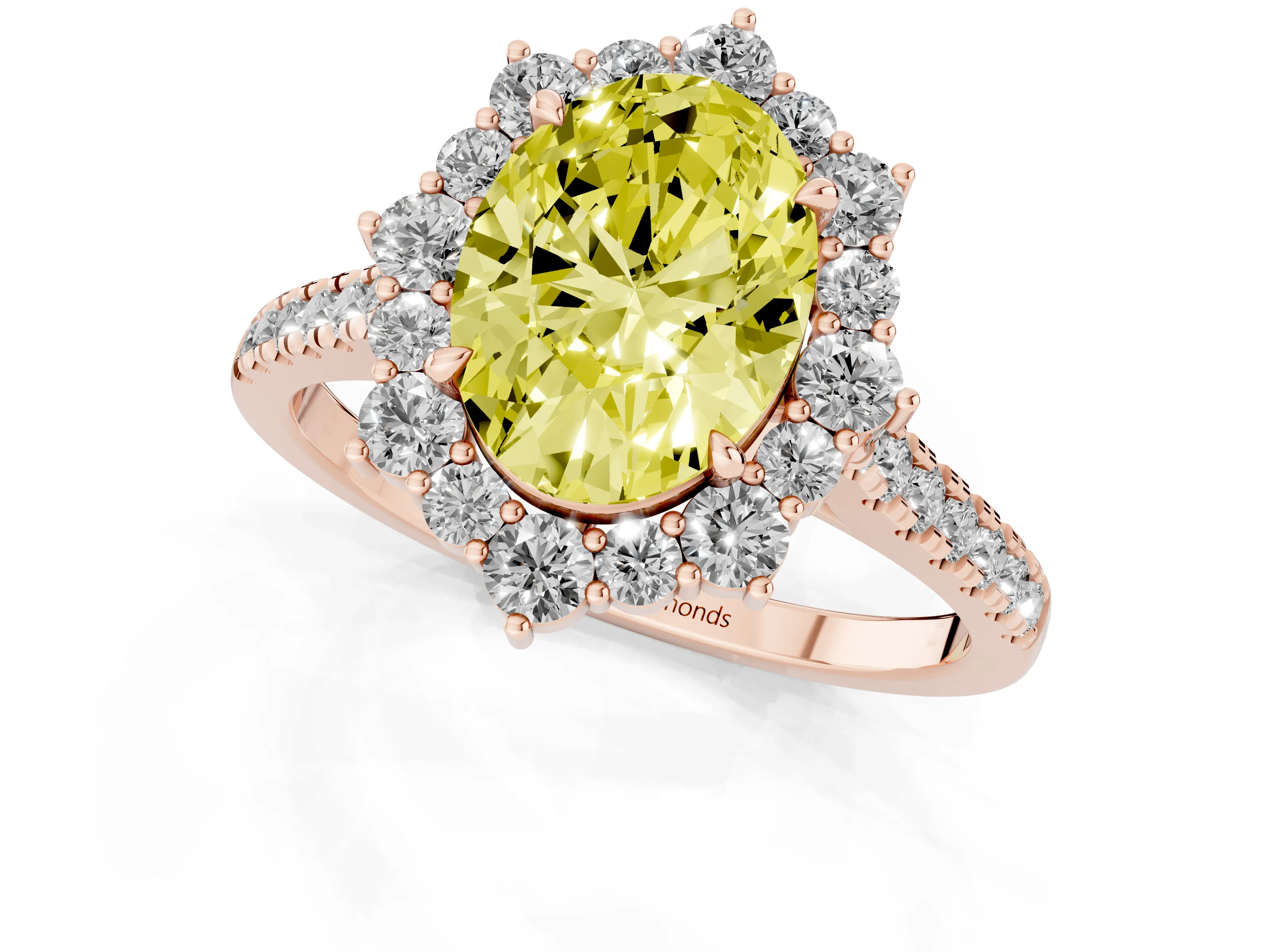 Fancy Yellow Oval Cut Diamond Halo Ring Set in Rose gold with Pavé Band and Prong Setting
