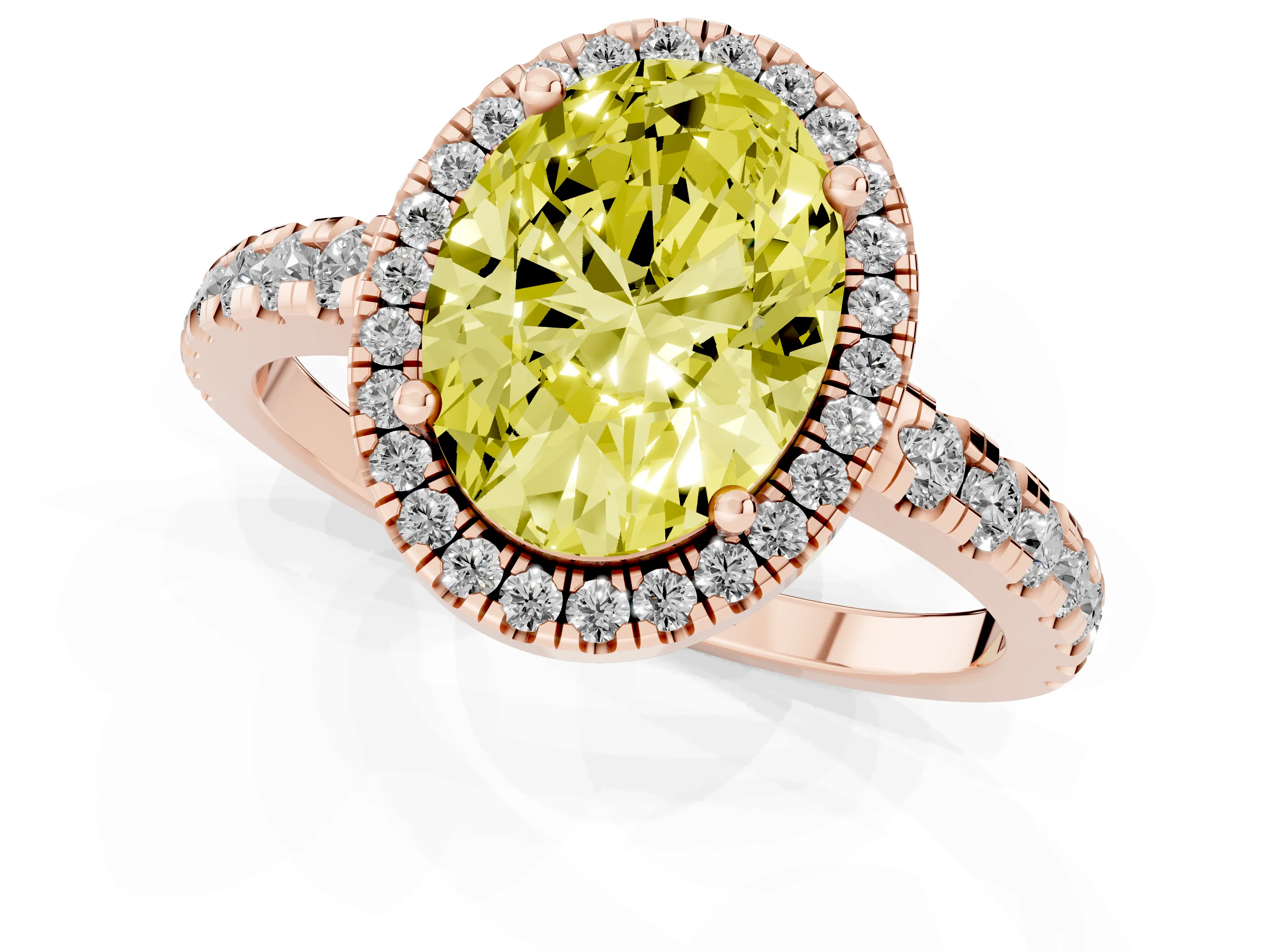 Fancy Yellow Oval Cut Diamond Halo Ring Set in Rose gold with Delicate Pavé Band and Prong Setting
