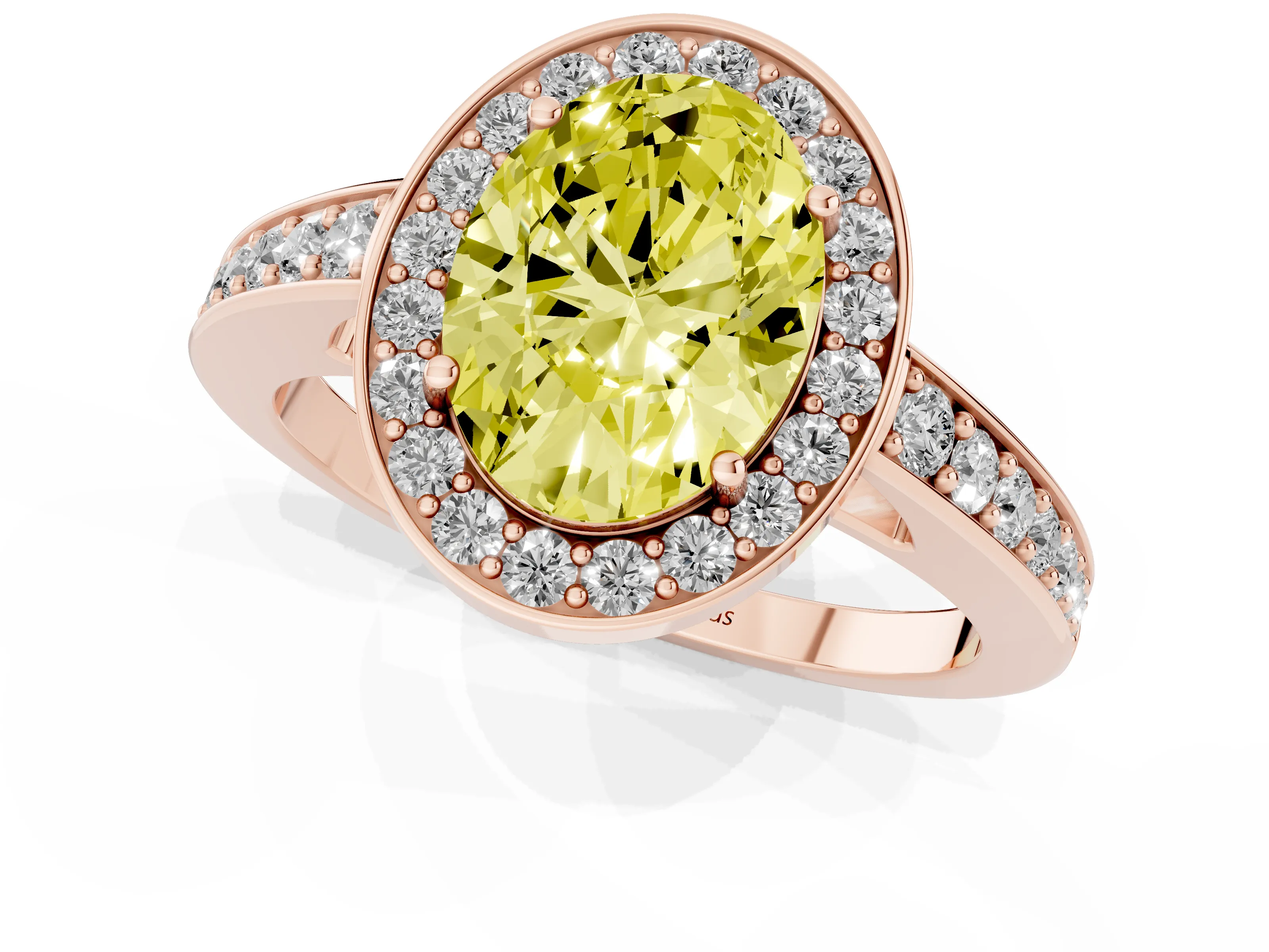 Fancy Yellow Oval Cut Diamond Halo Pavé Engagement Ring Set in Rose gold with Bezel Setting