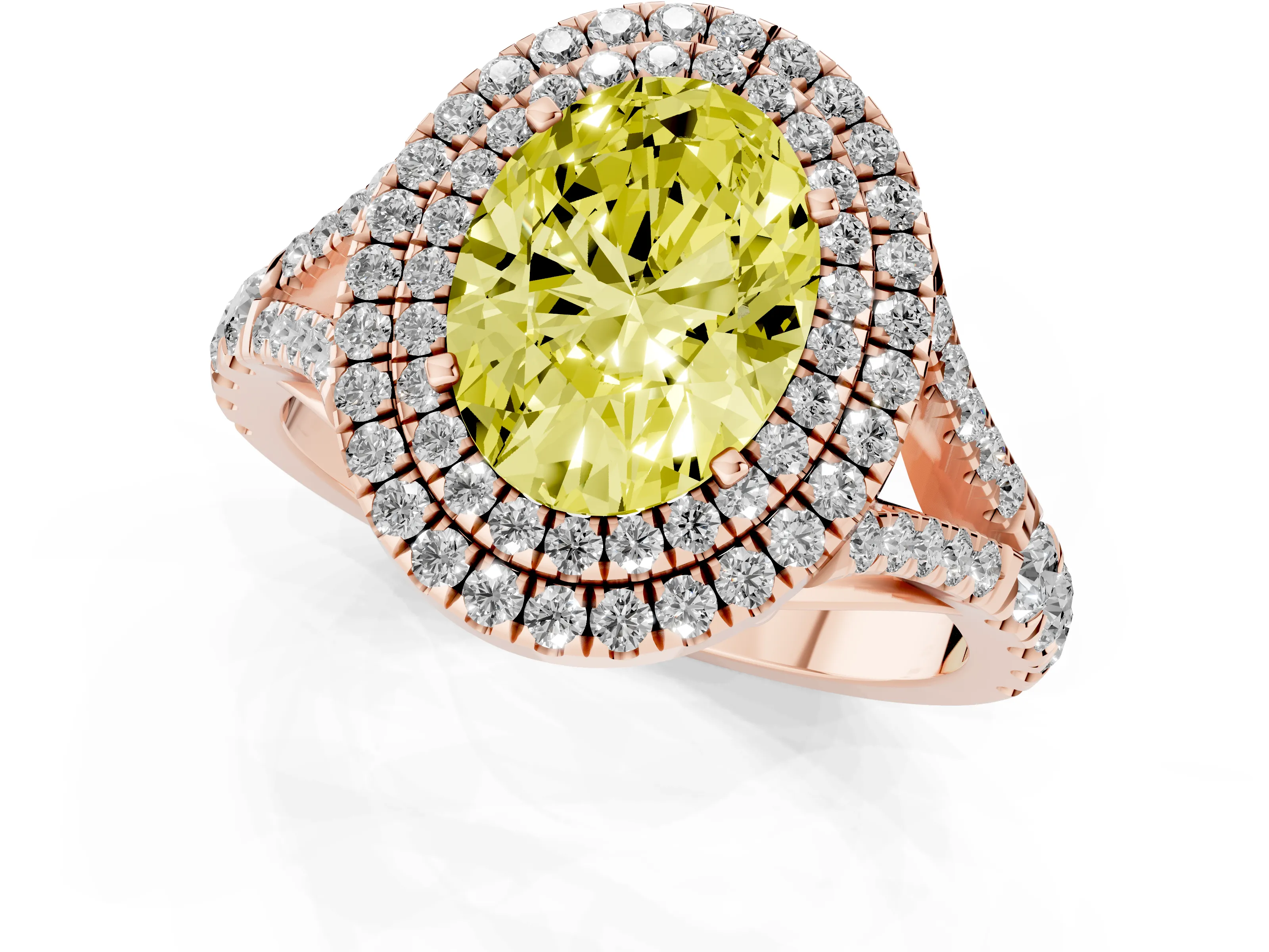 Fancy Yellow Oval Cut Diamond Pavé Split Shank Double Halo Engagement Ring Set in Rose gold – second view