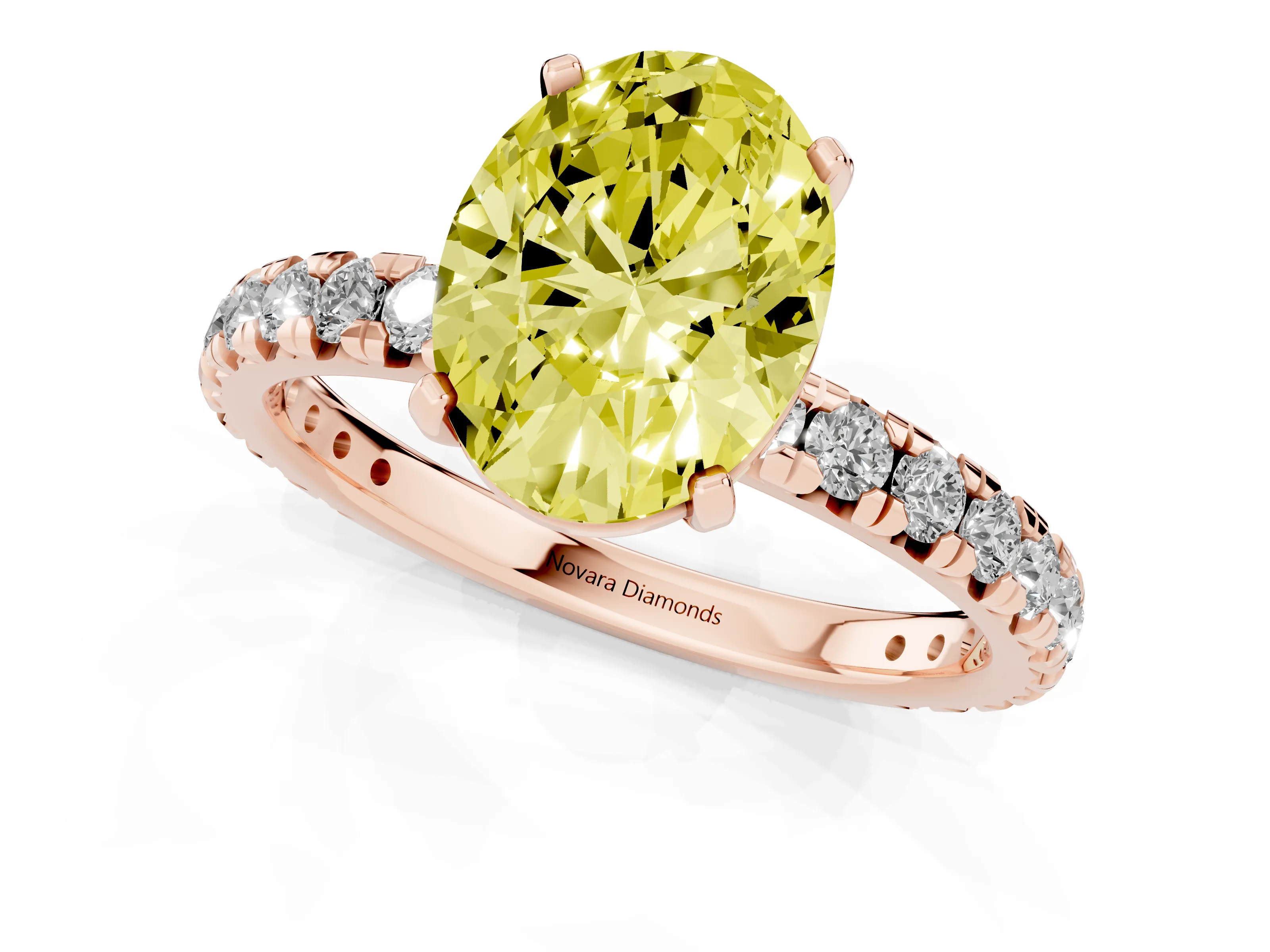 Fancy Yellow Oval Cut Diamond Pavé Solitaire Ring Set in Rose gold with Round Band and Prong Setting