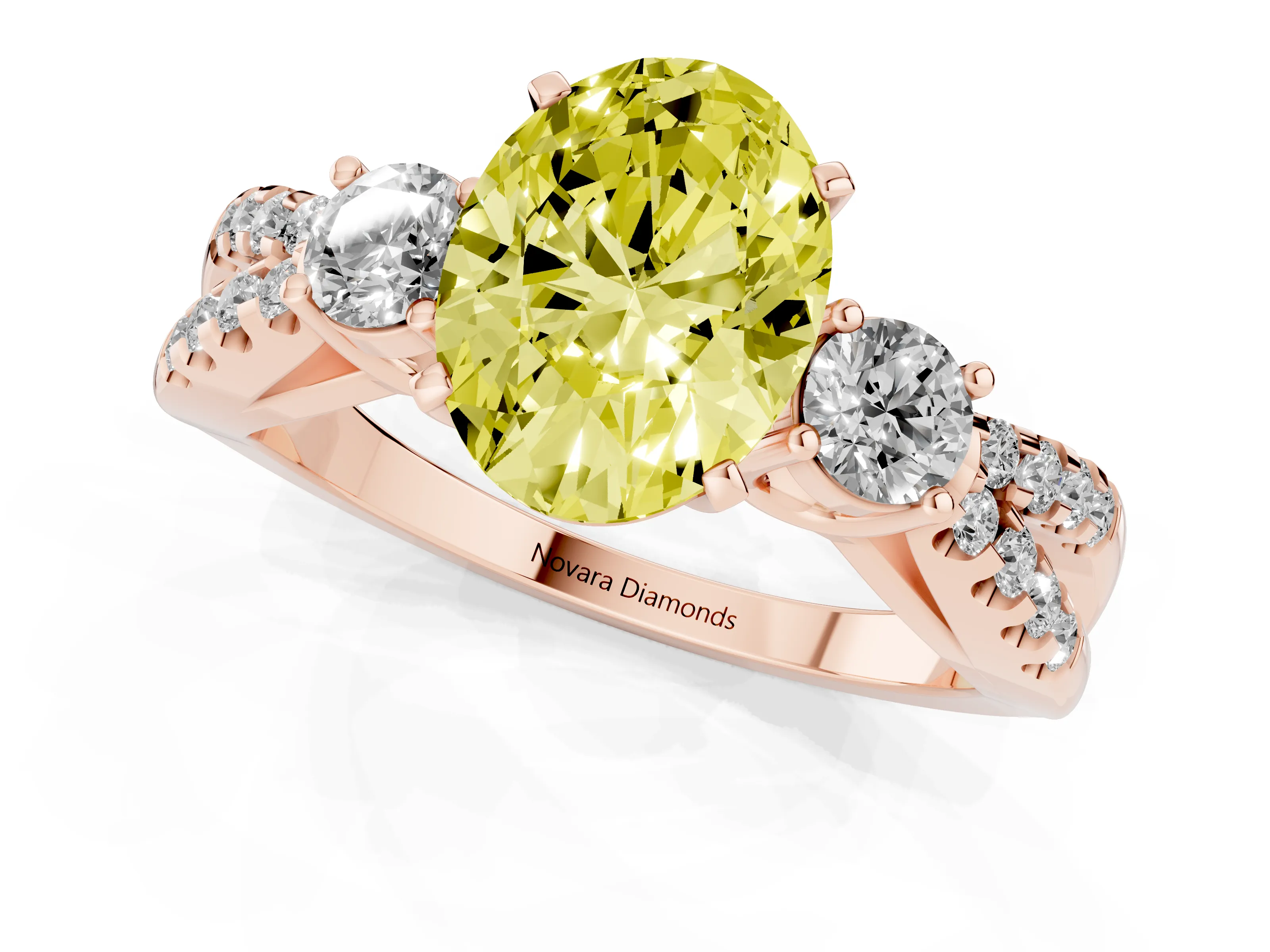 Fancy Yellow Oval Cut Diamond Three-Stone Ring Set in Rose gold with Pavé Split Shank and Prong Setting
