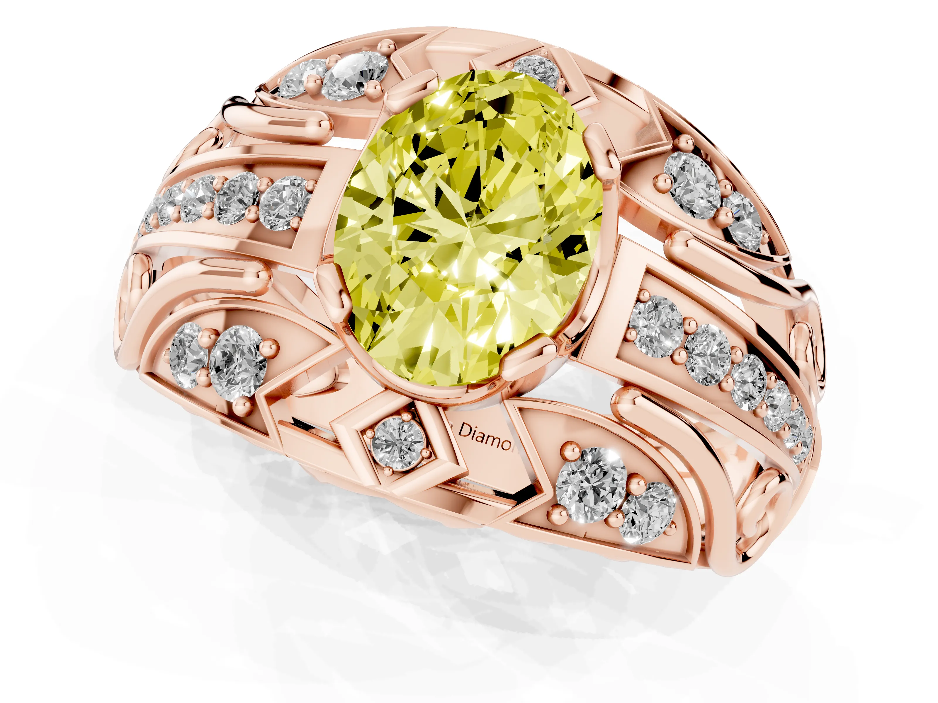 Fancy Yellow Oval Cut Diamond Art Deco Ring Set in Rose gold with Pavé Split Shank