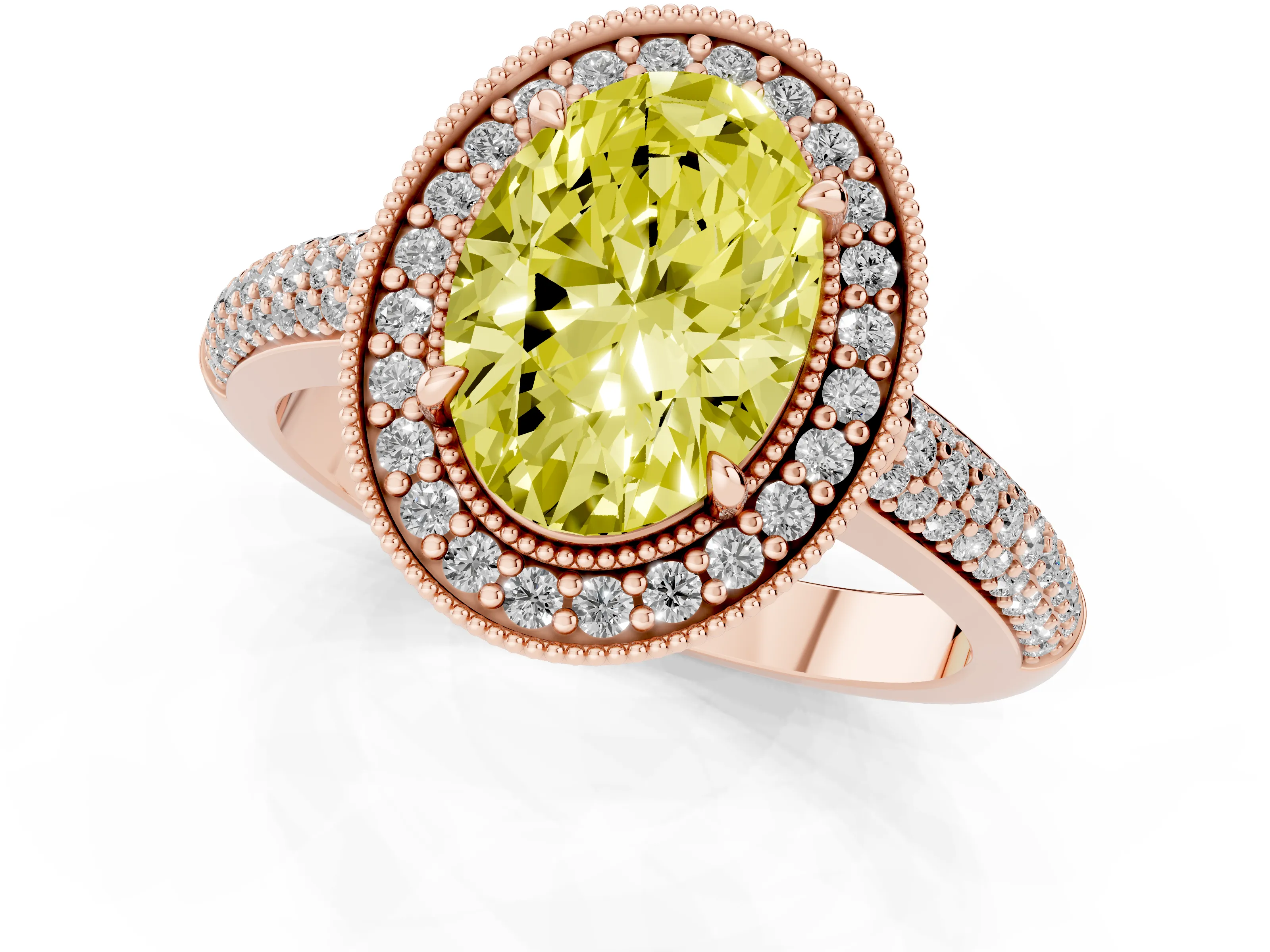Fancy Yellow Oval Cut Diamond Halo Pavé Band Set in Rose gold with Prong Setting