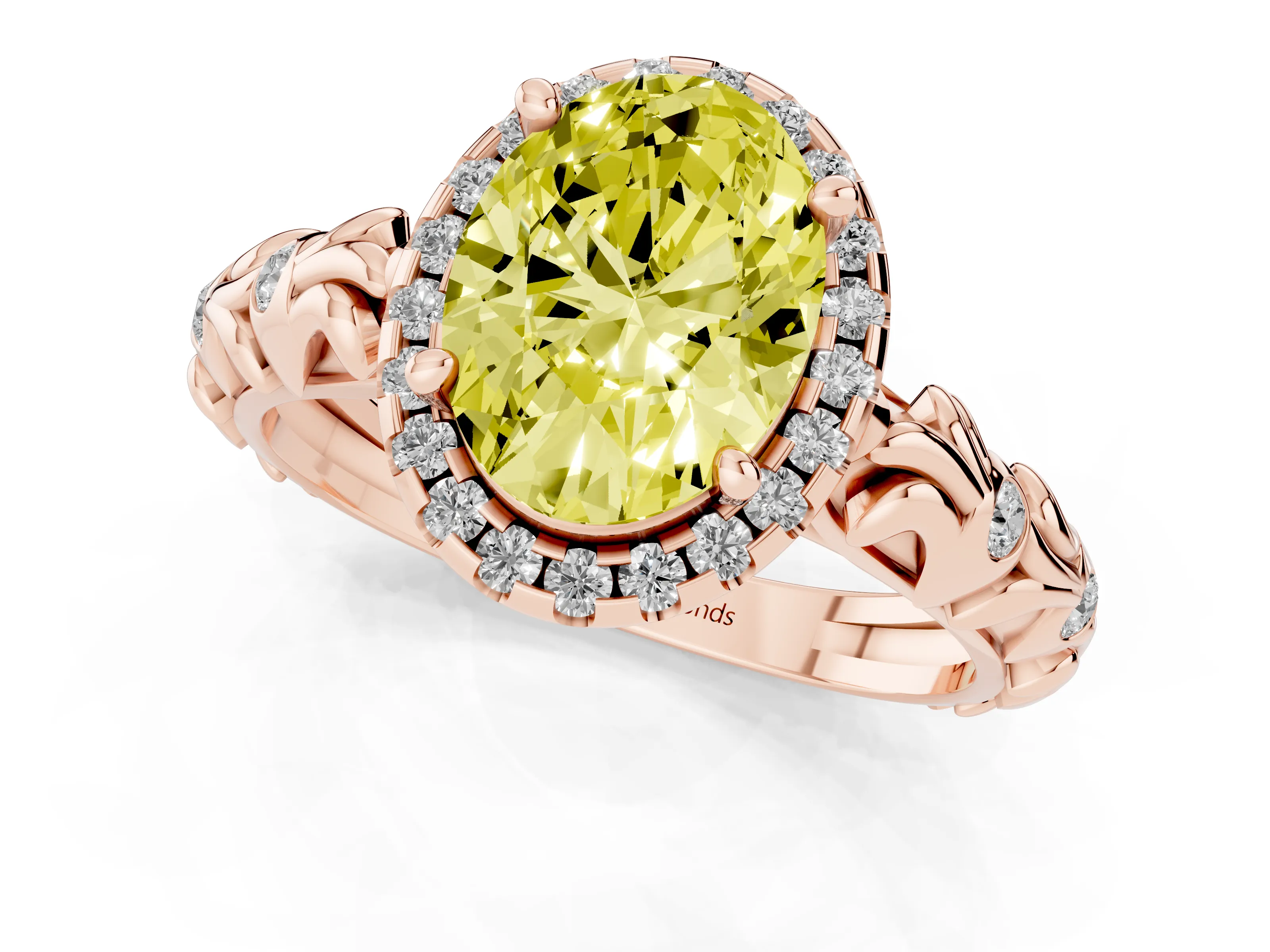 Fancy Yellow Oval Cut Diamond Halo Ring Set in Rose gold with Filigree Leaf Band and Prong Setting