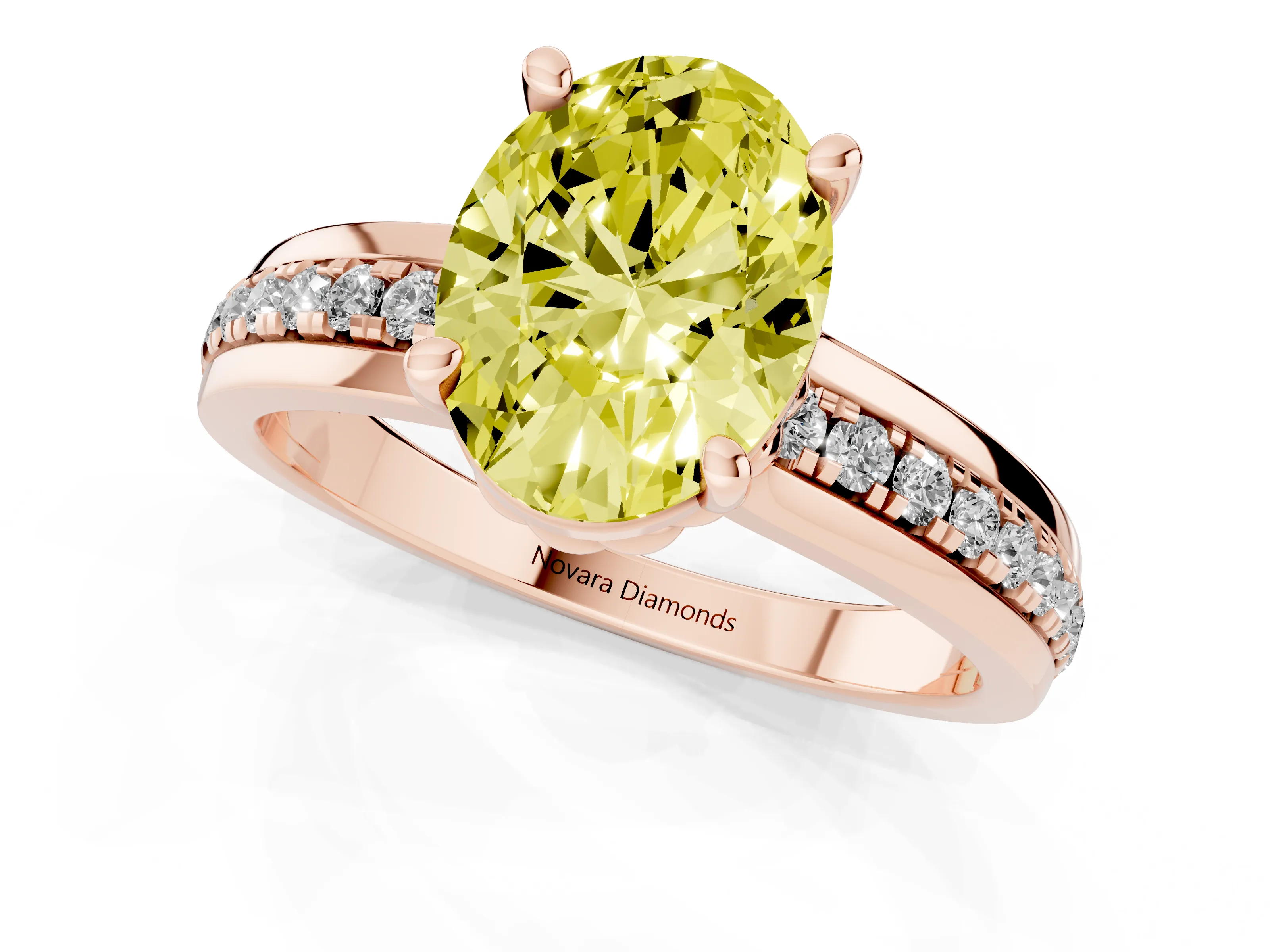 Fancy Yellow Oval Cut Diamond Solitaire Ring Set in Rose gold with Channel Set Band and Prong Setting
