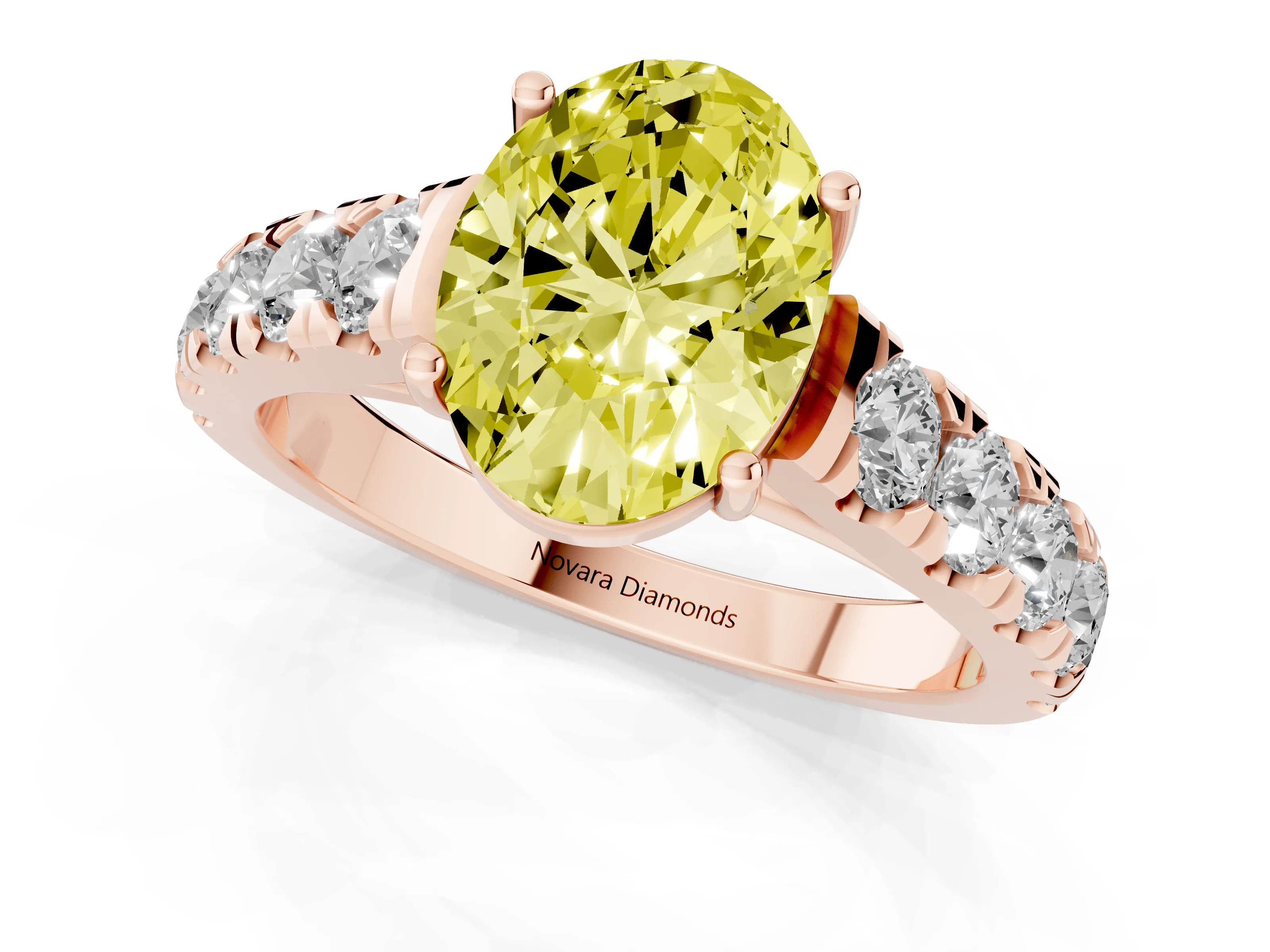 Fancy Yellow Oval Cut Diamond Solitaire Ring Set in Rose gold with Cut-Down Micro Pavé Band and Prong Setting