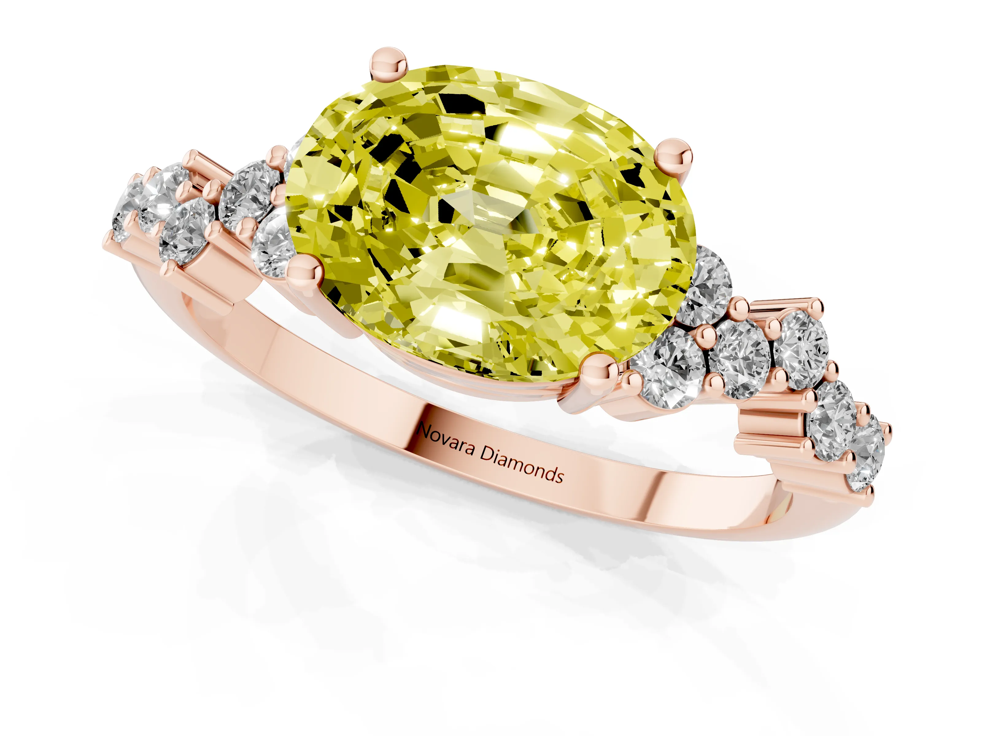Fancy Yellow Oval Cut Diamond Ring Set in Rose gold with Scattered Round Accents