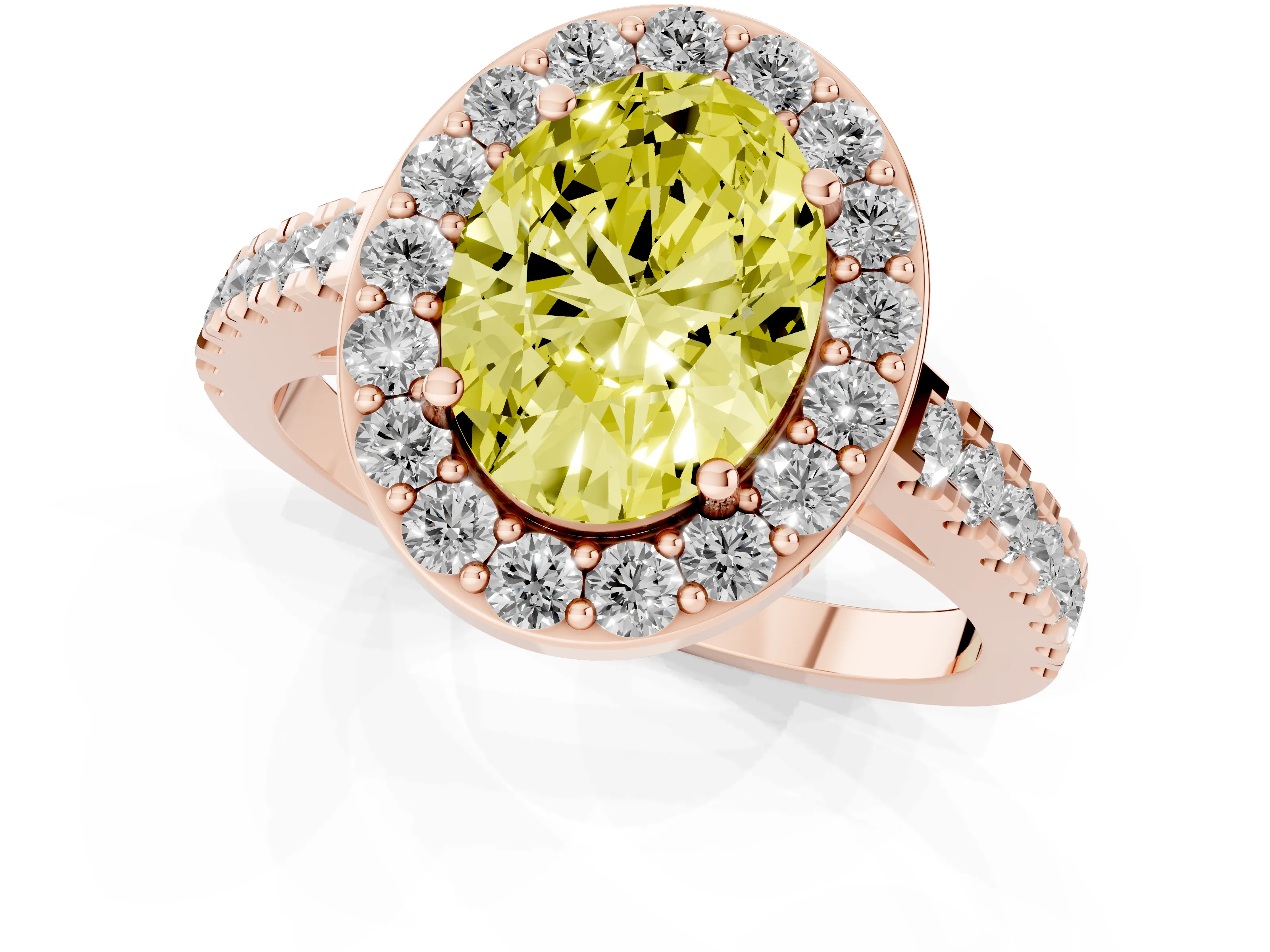 Fancy Yellow Oval Cut Diamond Halo Ring Set in Rose gold with Round Pavé Split Shank and Prong Setting