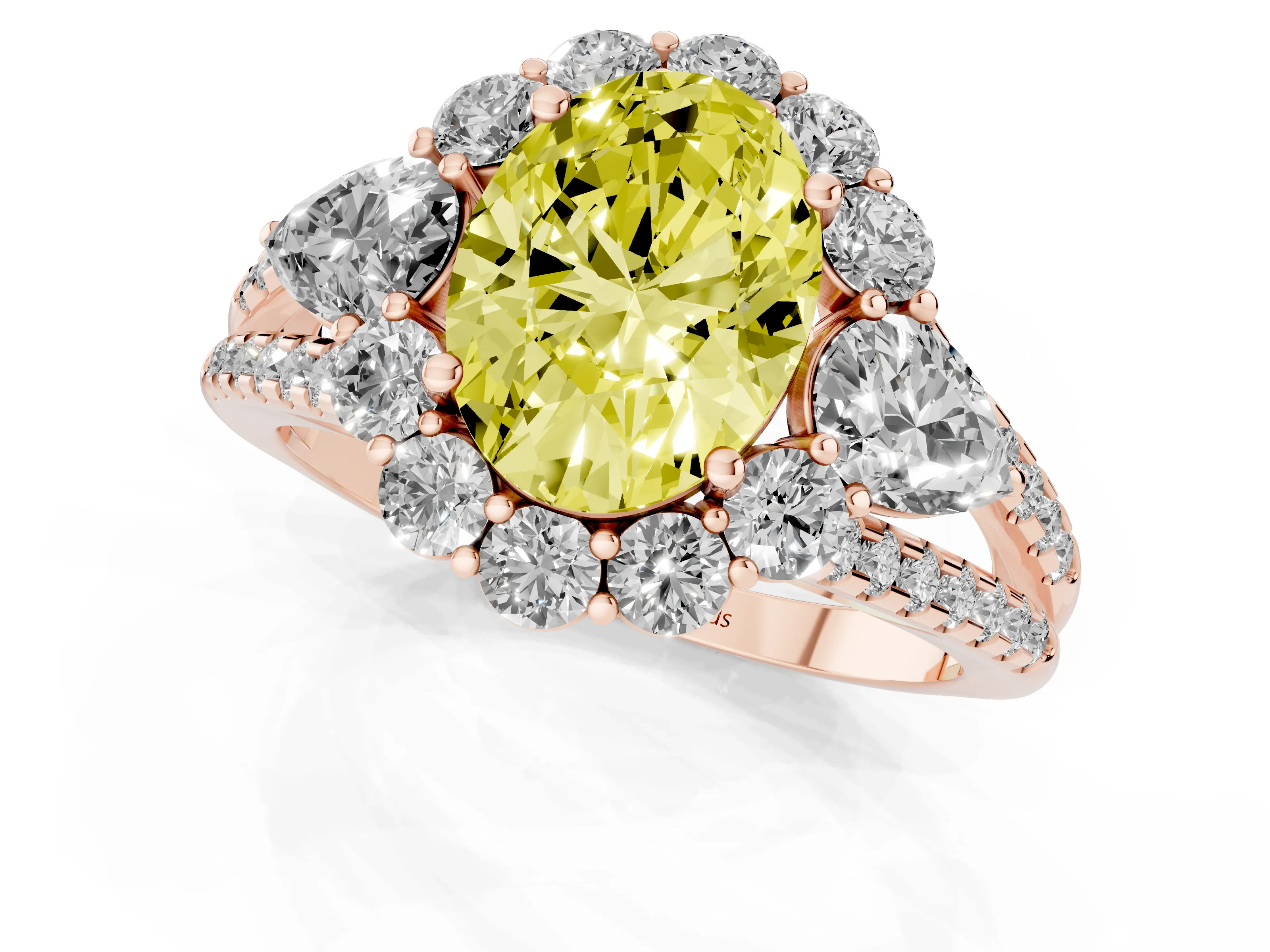 Fancy Yellow Oval Cut Diamond Halo Split Shank Engagement Ring Set in Rose gold with Prong-Held Center Stone