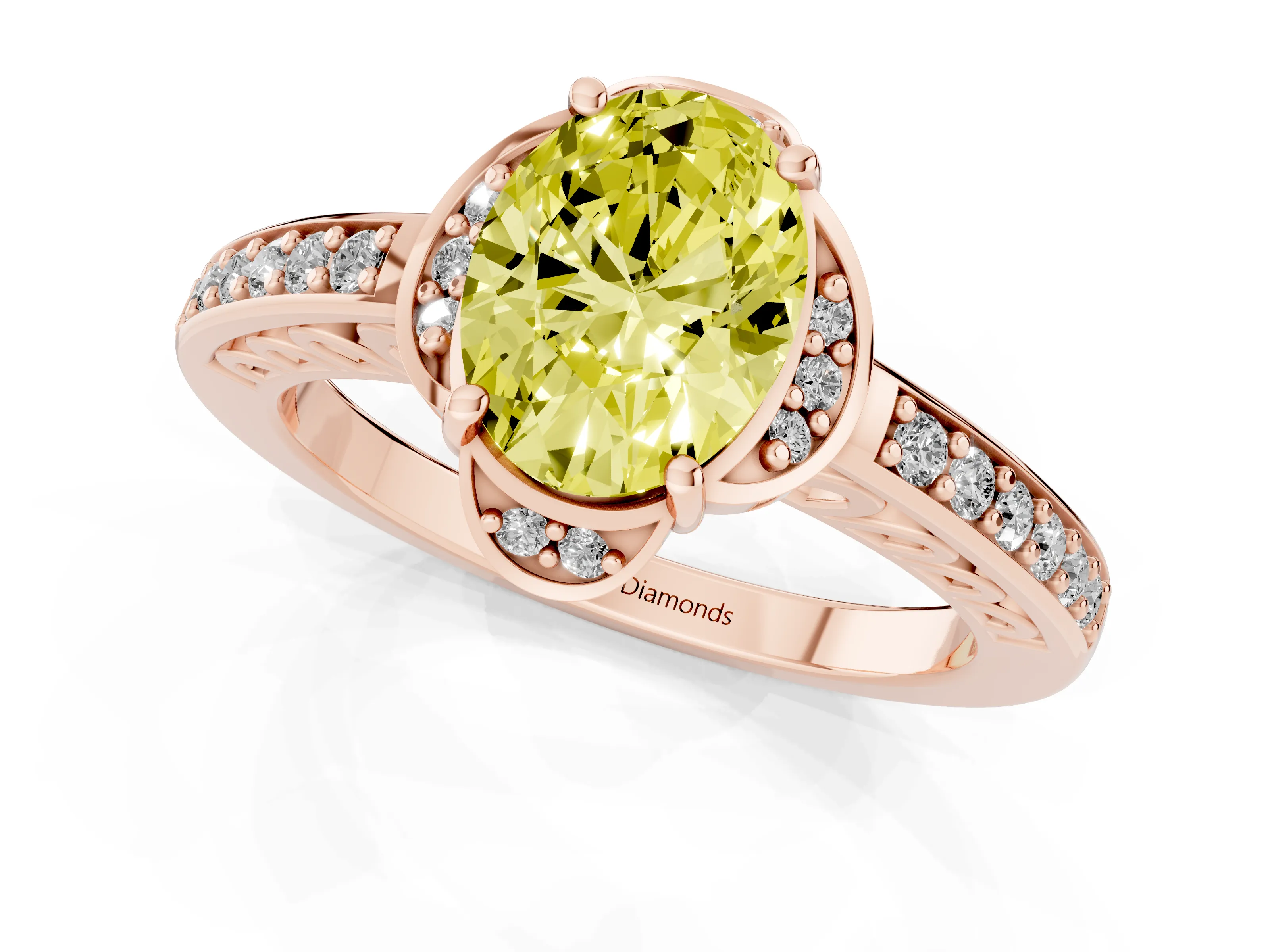Fancy Yellow Oval Cut Diamond Halo Ring Set in Rose gold with Channel Set Band and Prong Setting