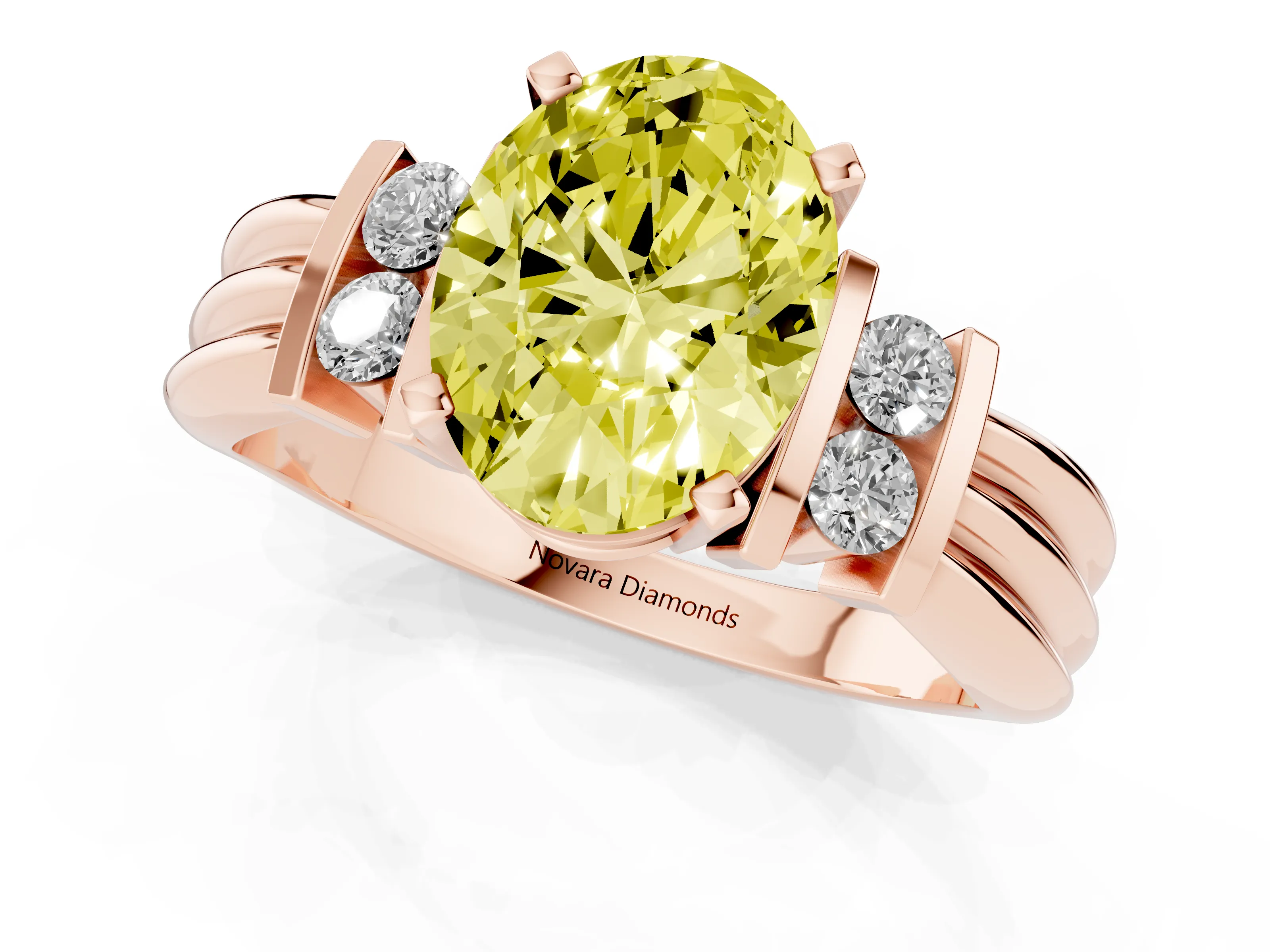 Fancy Yellow Three-Stone Oval Cut Diamond Channel Set Ring Set in Rose gold with Bar Prongs