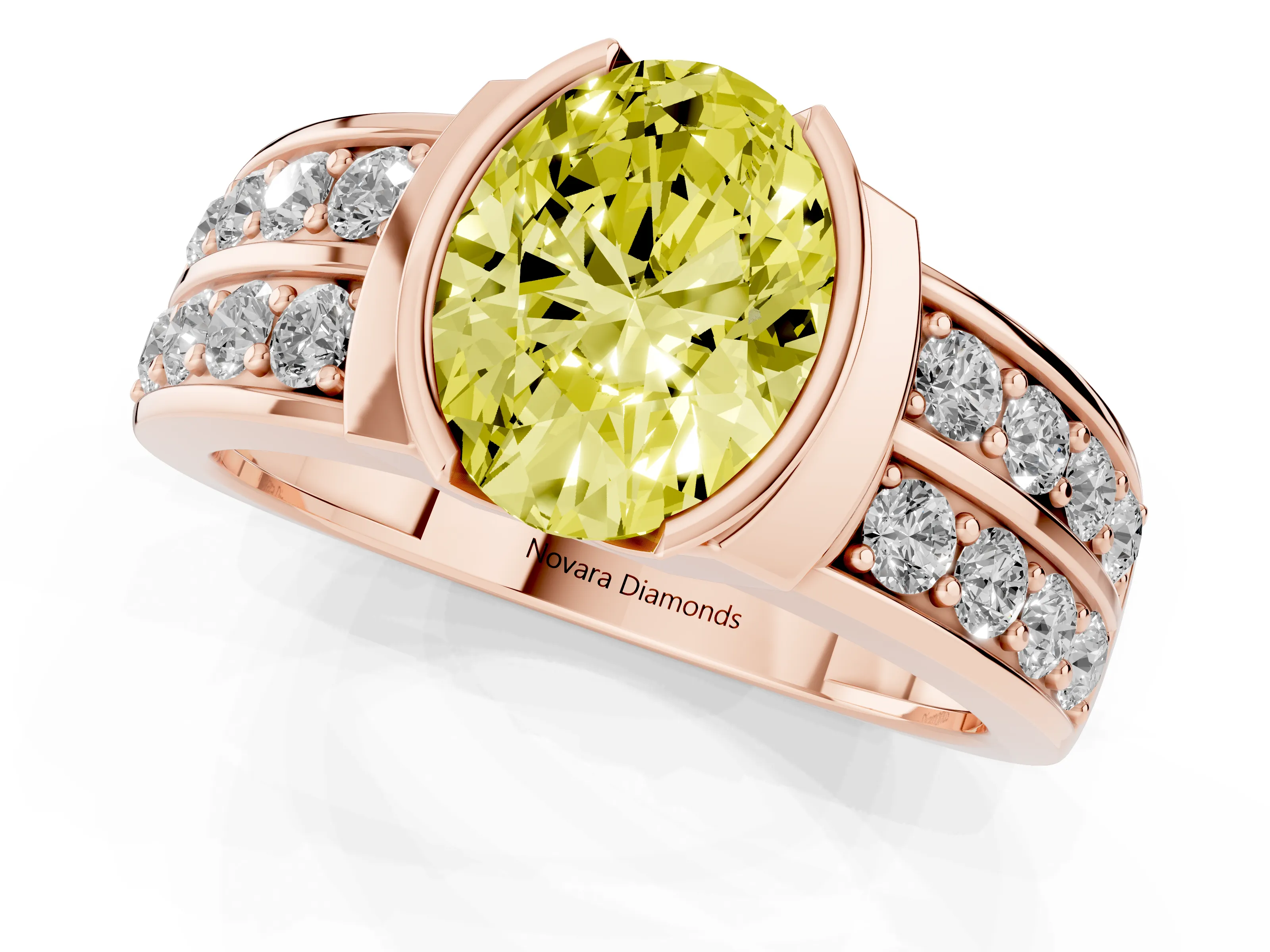 Fancy Yellow Oval Cut Diamond Wide Channel Set Band Ring Set in Rose gold with Bezel Setting