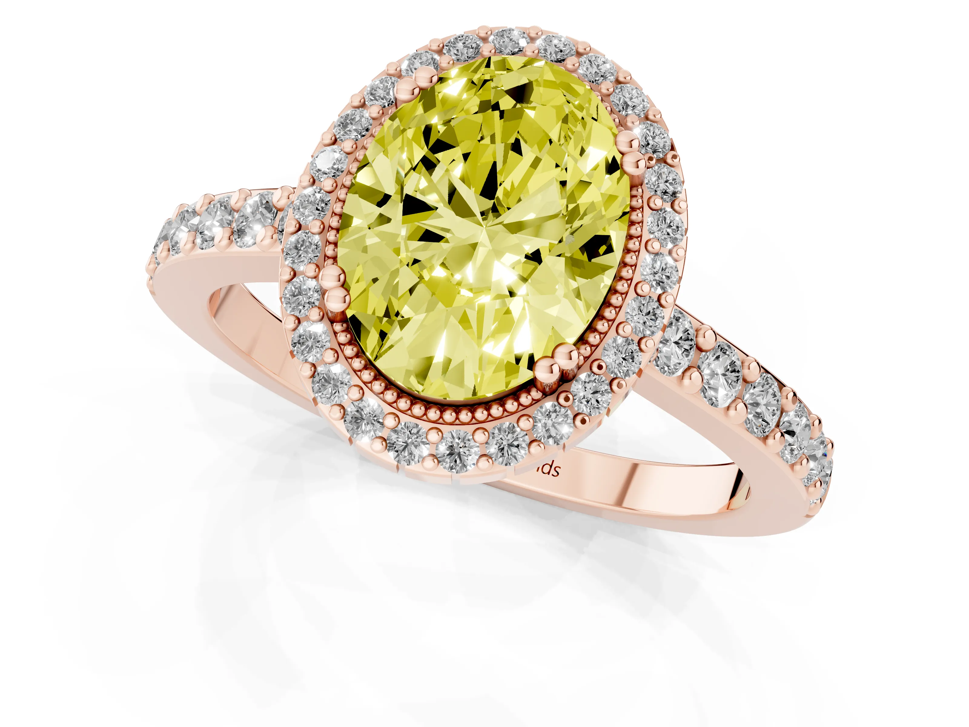 Fancy Yellow Oval Cut Diamond Halo Engagement Ring Set in Rose gold with Milgrain Detail and Pavé Band