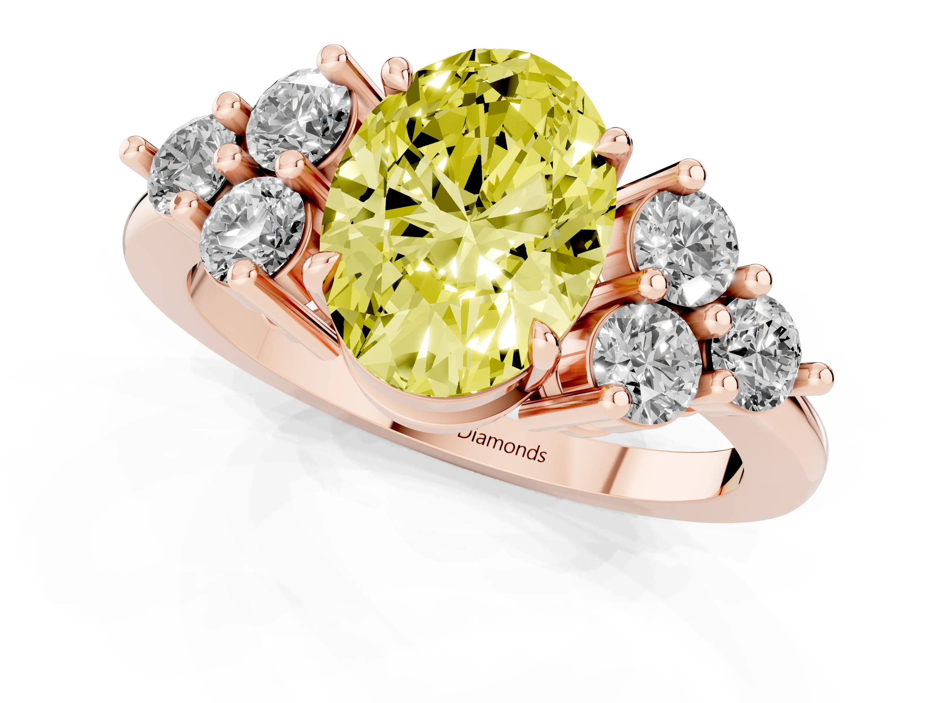 Fancy Yellow Oval Cut Diamond Solitaire Ring Set in Rose gold with Cluster Accents on Each Side