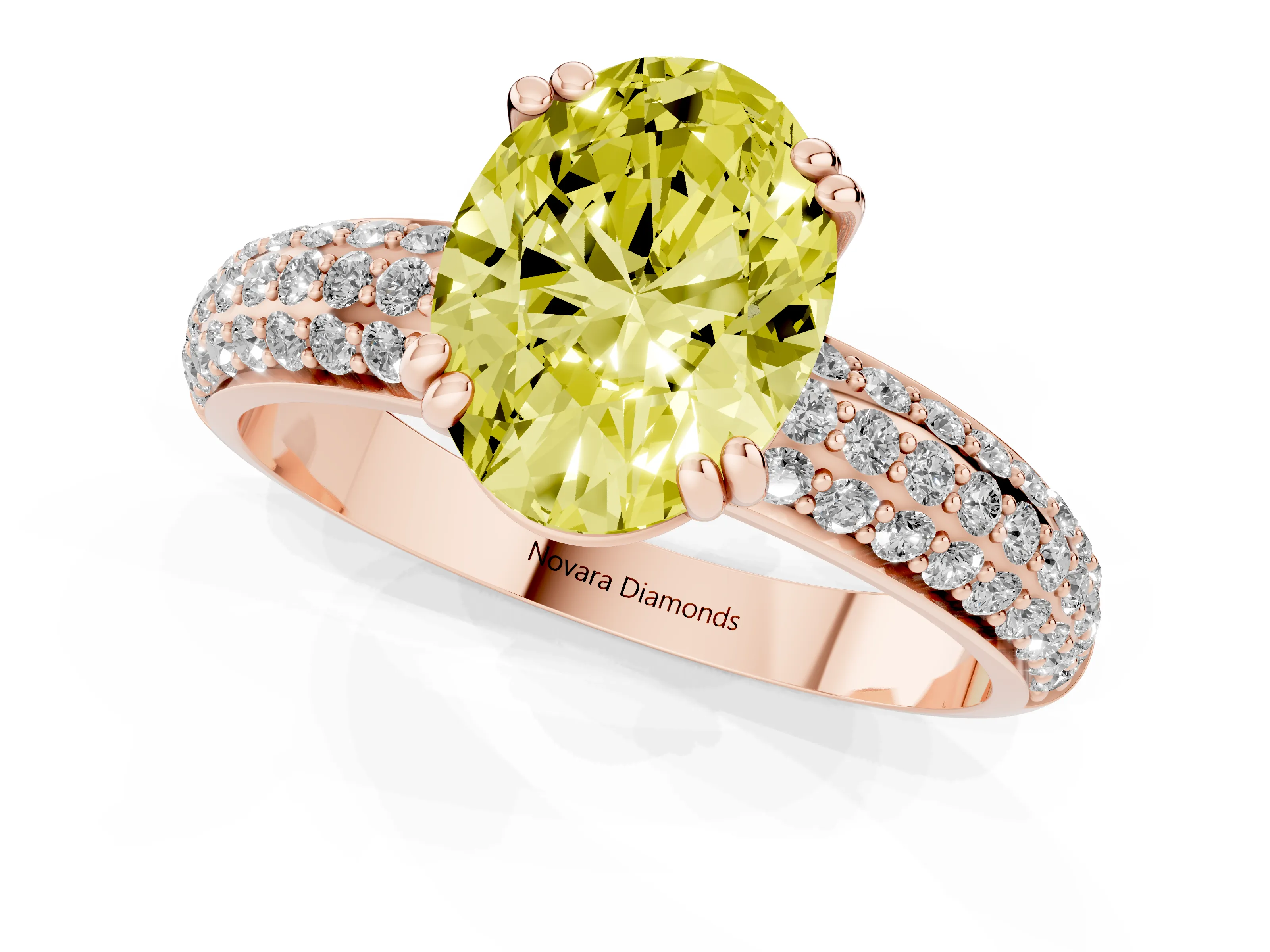 Fancy Yellow Oval Cut Diamond Solitaire Ring Set in Rose gold with Multi-Row Round Pavé Band and Prong Setting