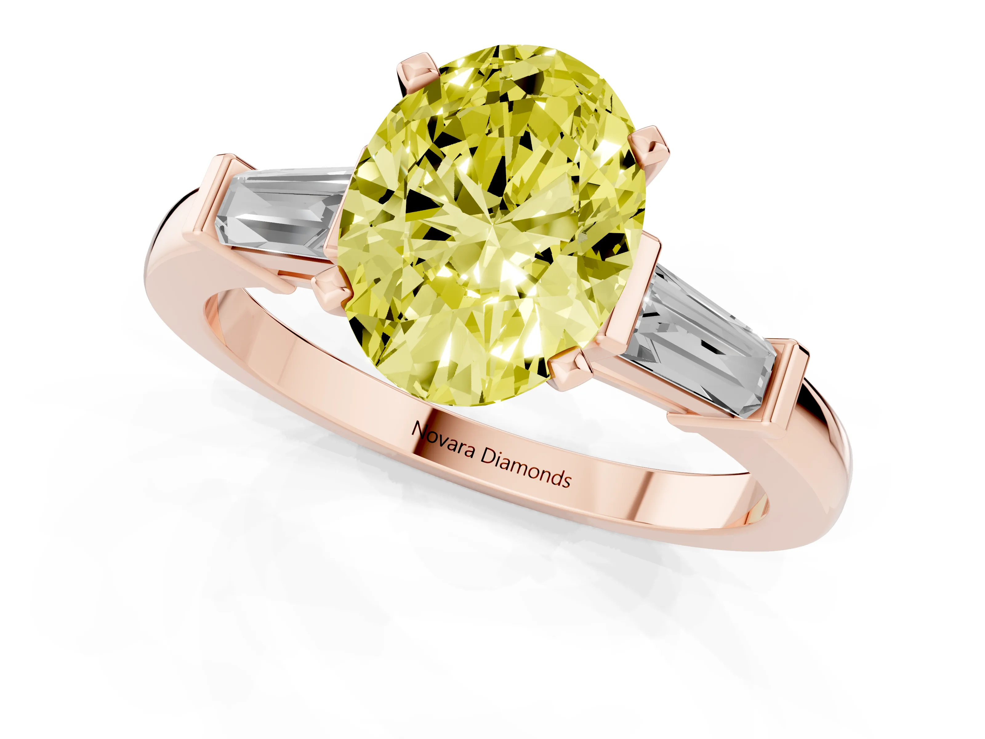 Fancy Yellow Oval Cut Diamond Solitaire Ring Set in Rose gold with Tapered Baguette Accents and Prong Setting
