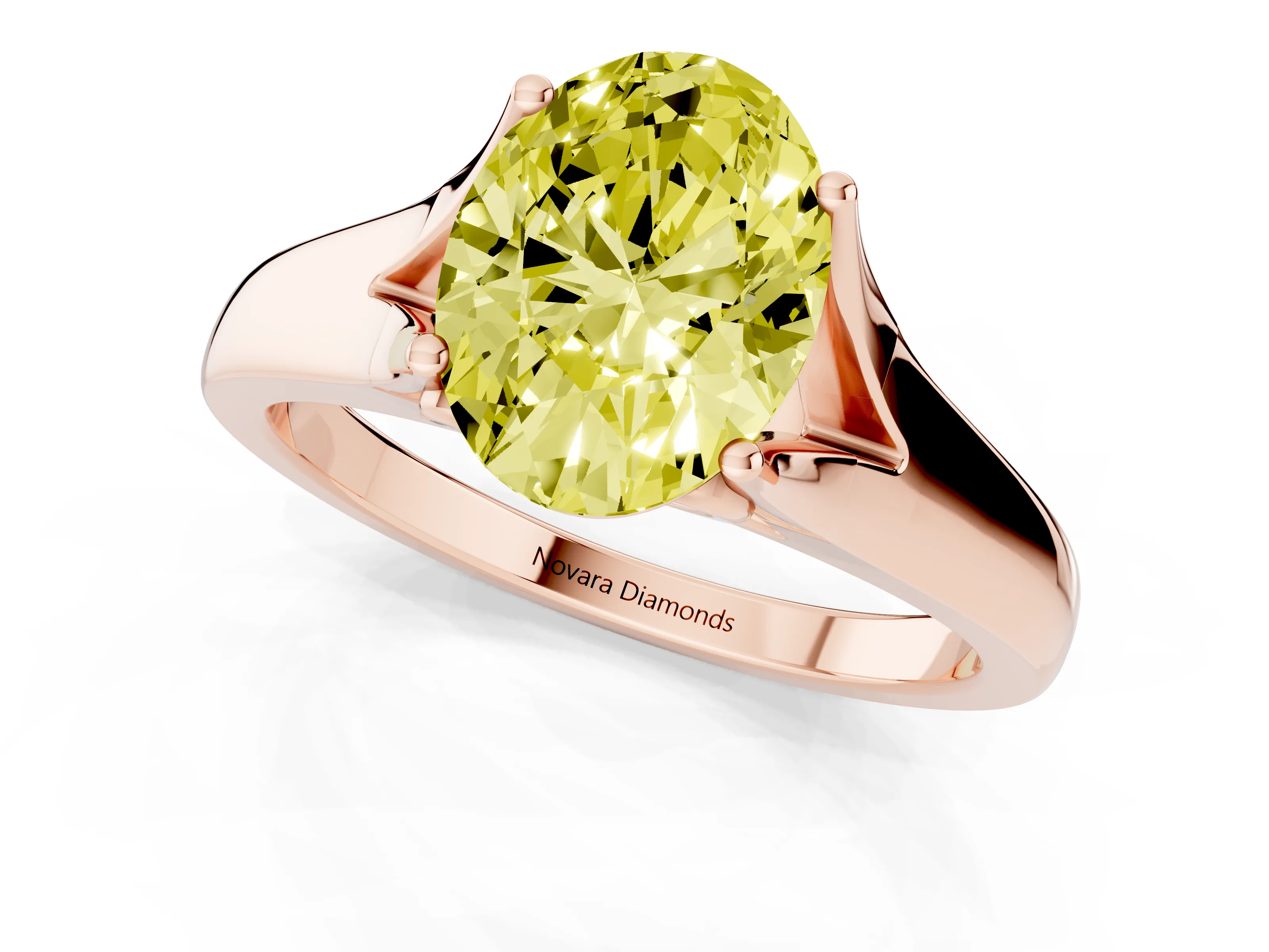 Fancy Yellow Oval Cut Diamond Solitaire Ring Set in Rose gold with Arched Cathedral Band and Prong Setting