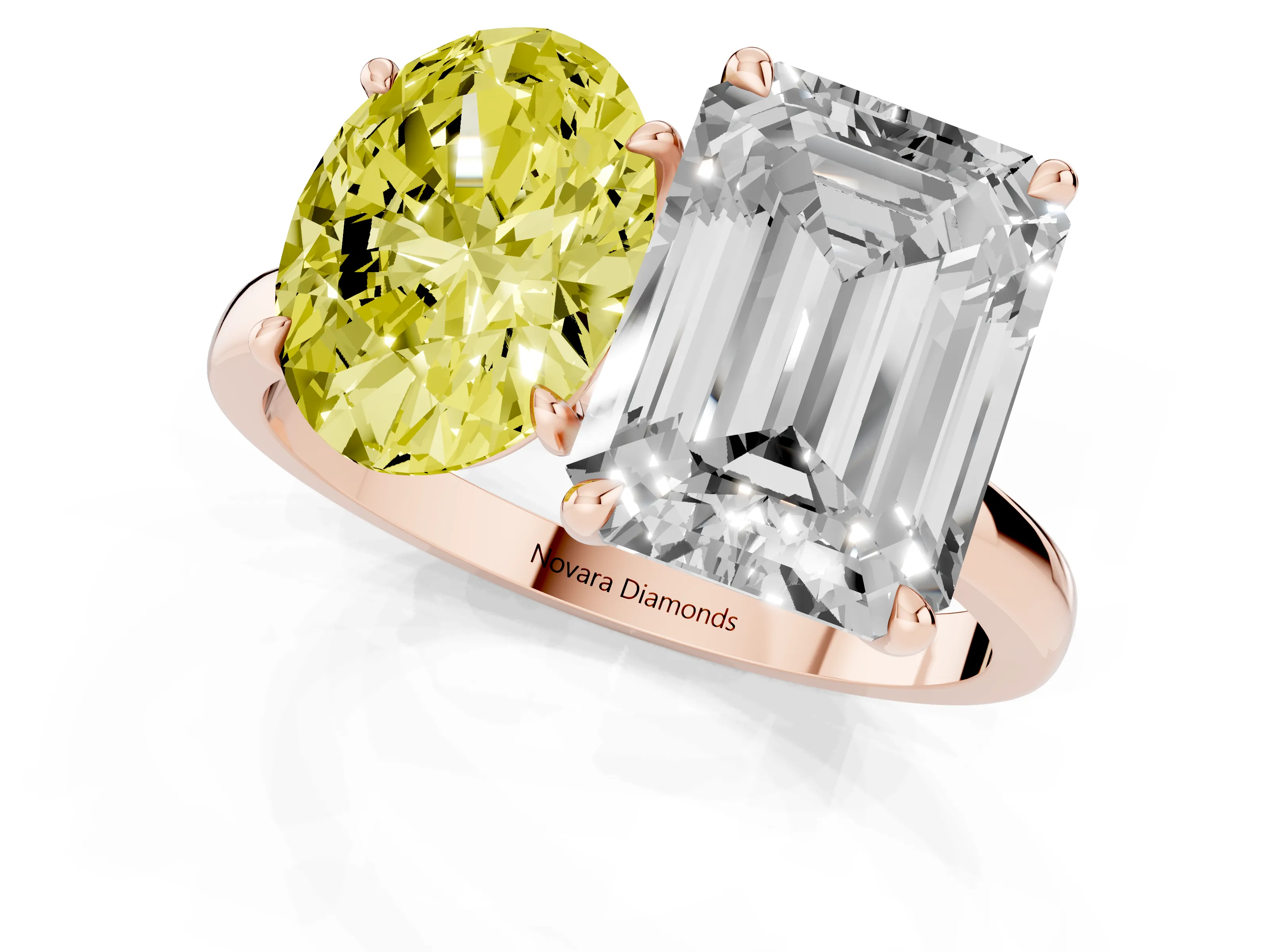Fancy Yellow Oval Cut and Emerald Cut Toi Moi Ring Set in Rose gold with Prong Setting