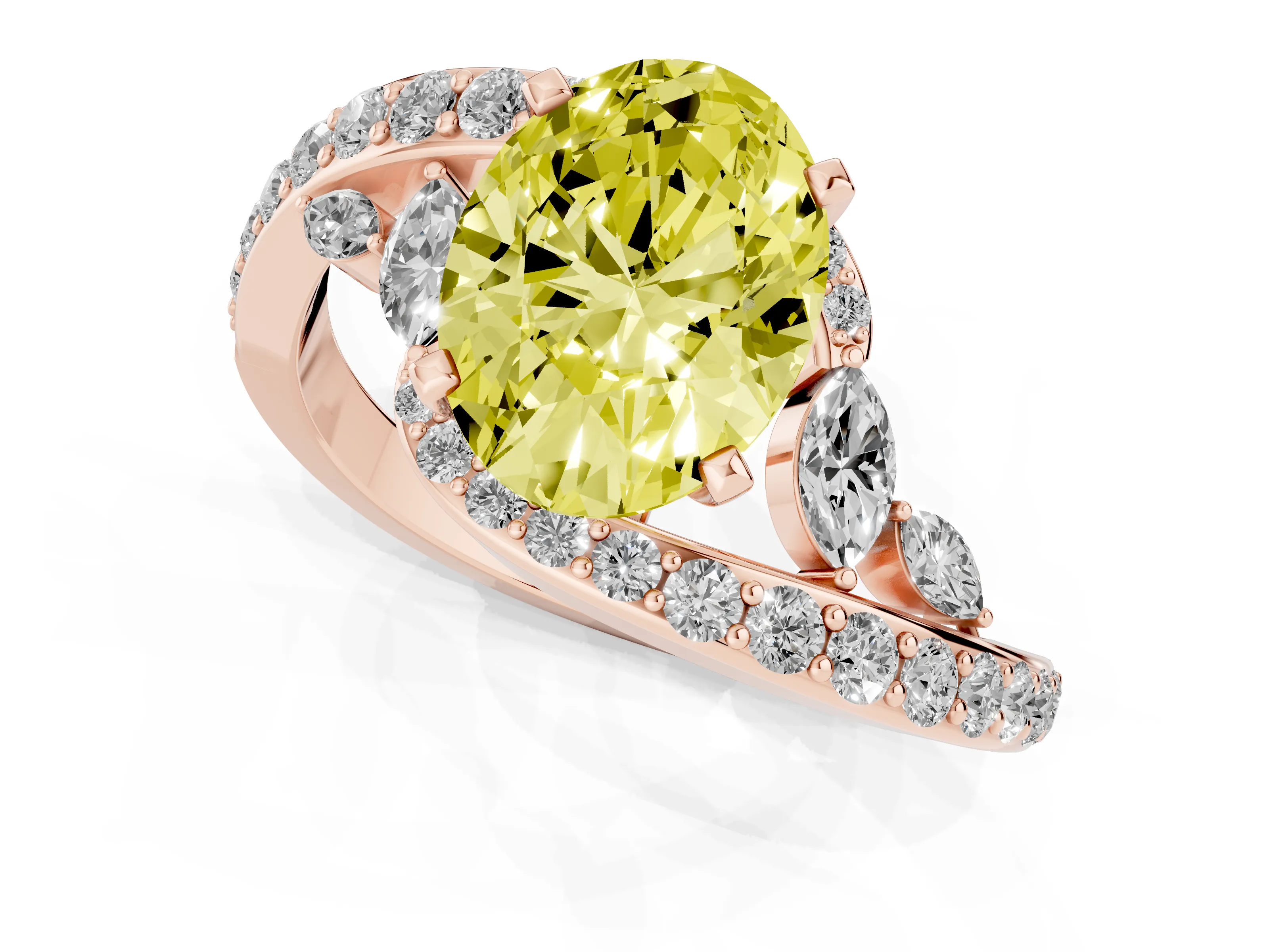 Fancy Yellow Oval Cut Diamond Solitaire Ring Set in Rose gold with Pavé Twist Band and Secure Prong Setting
