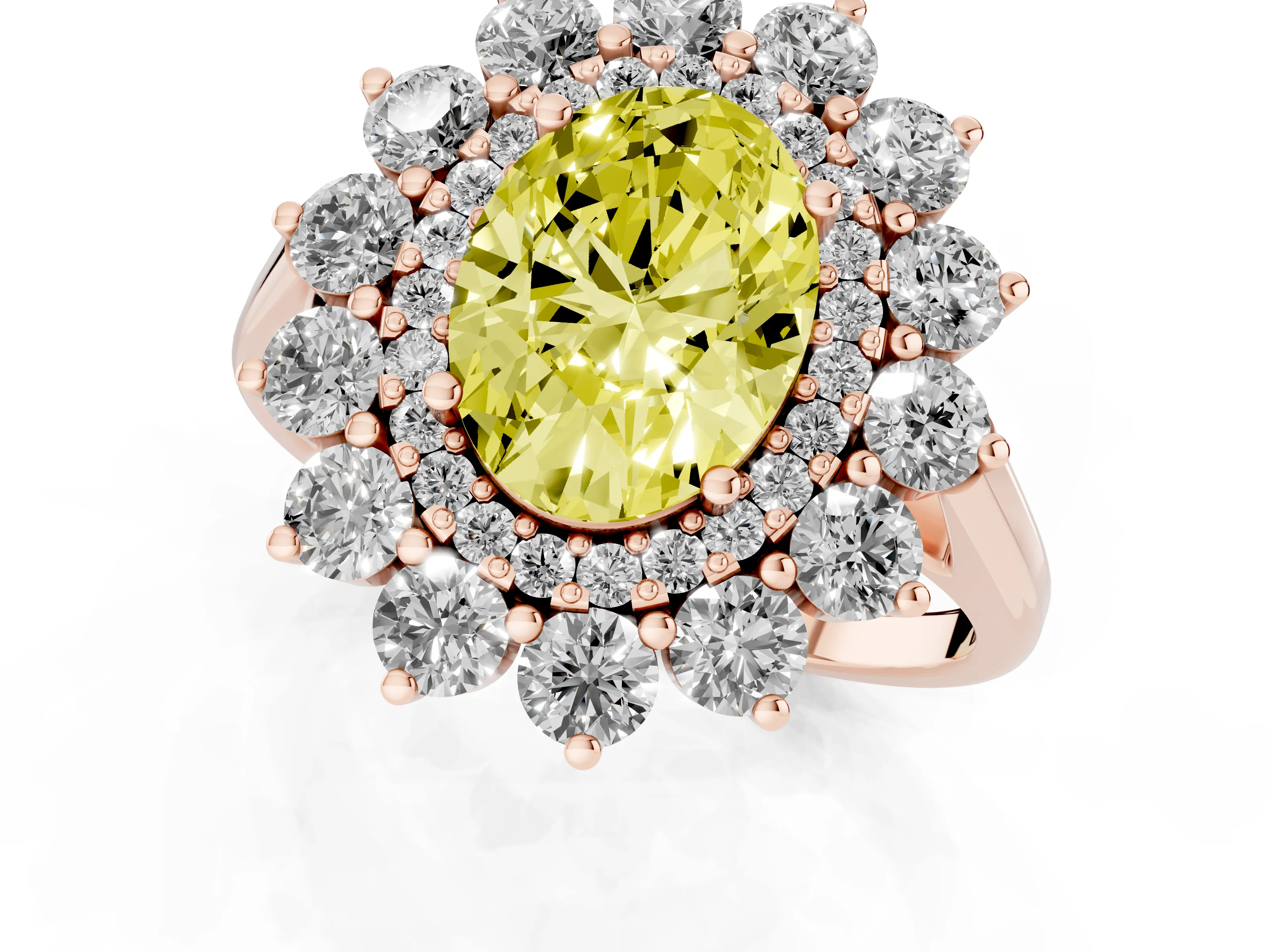 Fancy Yellow Oval Cut Diamond Floral Double Halo Ring Set in Rose gold with Round Petals
