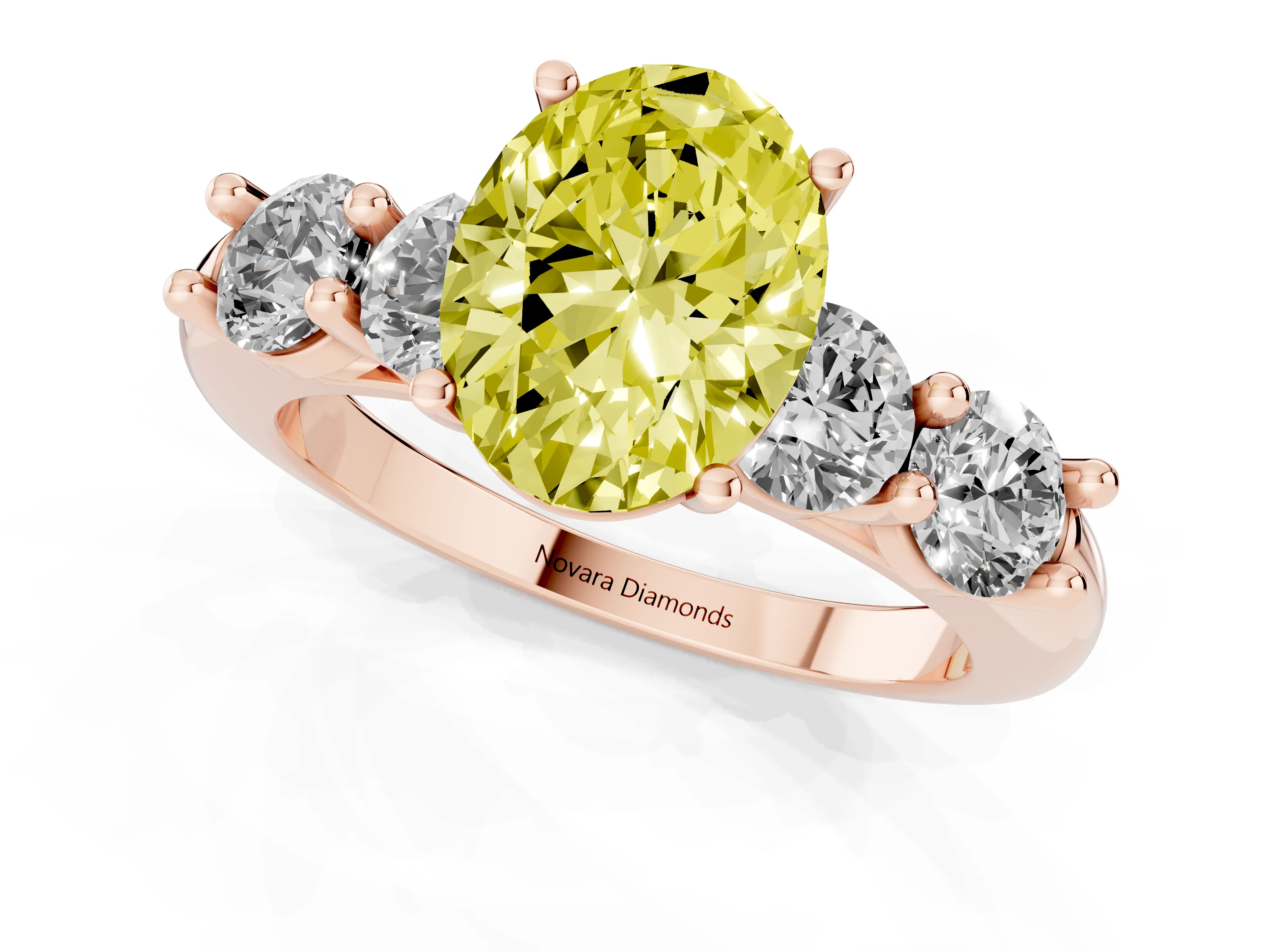 Fancy Yellow Oval Cut Diamond Five-Stone Prong Set Ring Set in Rose gold with Classic Band