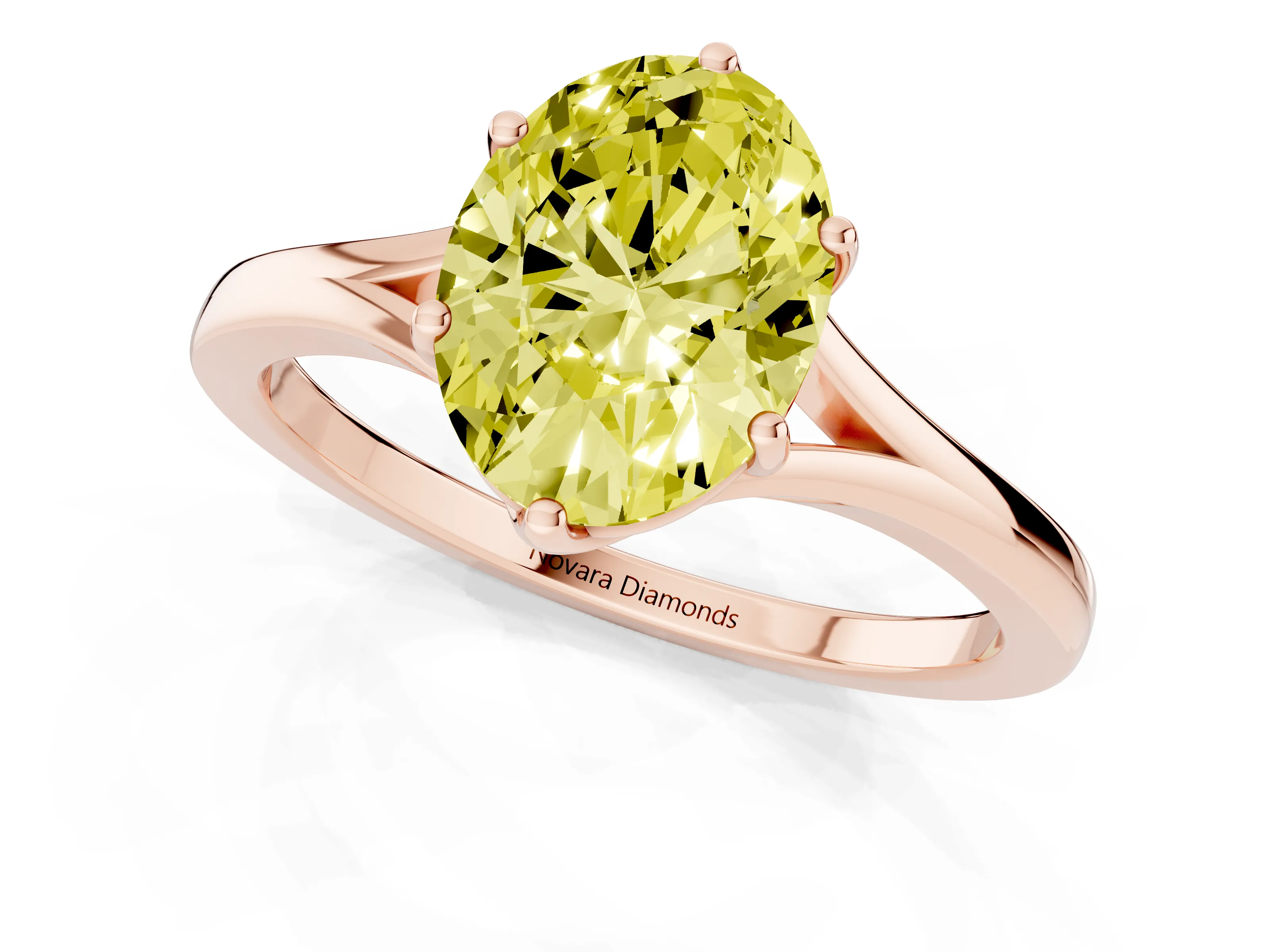Fancy Yellow Oval Cut Diamond Solitaire Ring Set in Rose gold with Polished Tapered Band and Prong Setting