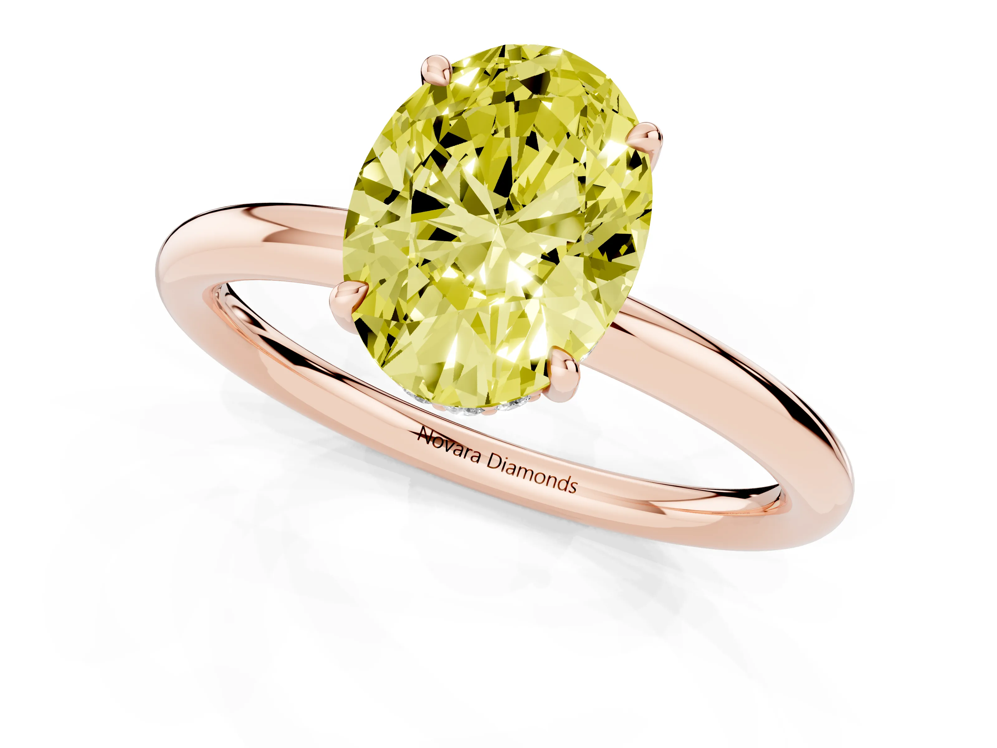 Fancy Yellow Oval Cut Diamond Solitaire Ring Set in Rose gold with Thin Band and Prong Setting