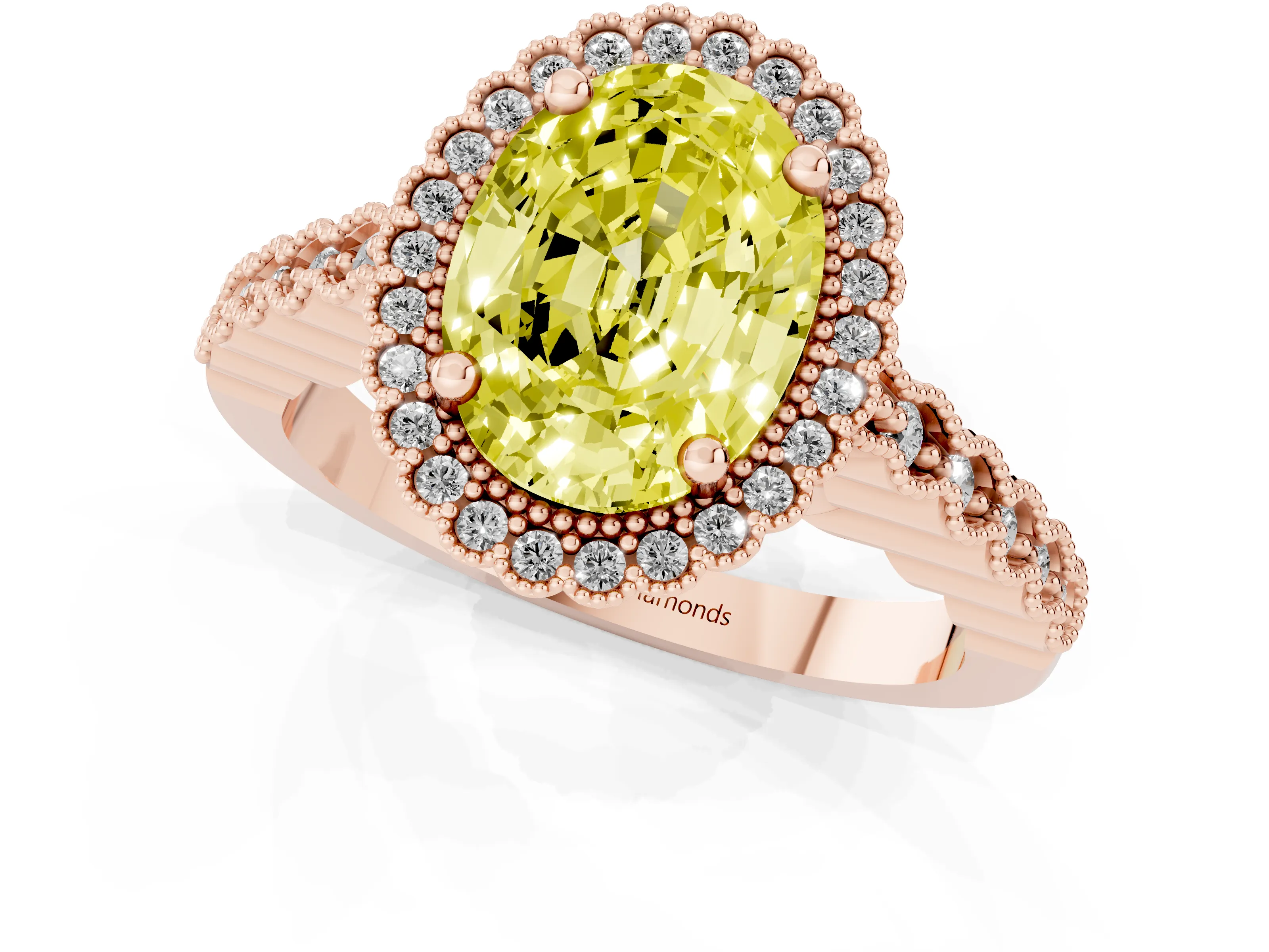 Fancy Yellow Oval Cut Diamond Halo Ring Set in Rose gold with Pavé Milgrain Band