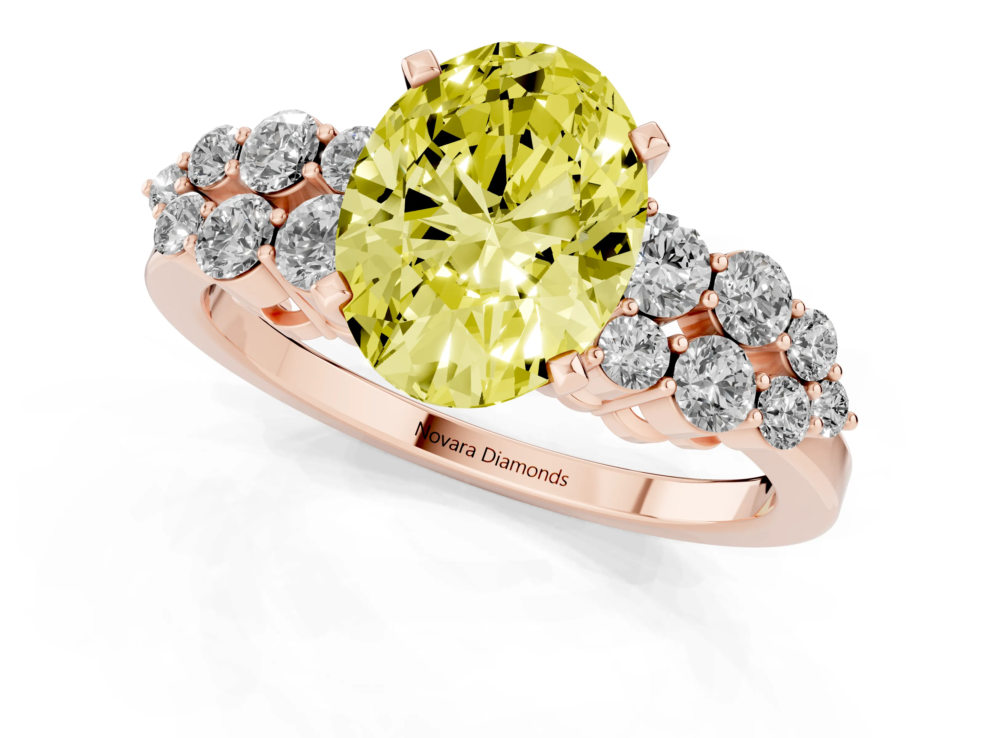 Fancy Yellow Oval Cut Diamond Cluster Engagement Ring Set in Rose gold with Pavé Band and Prong Setting