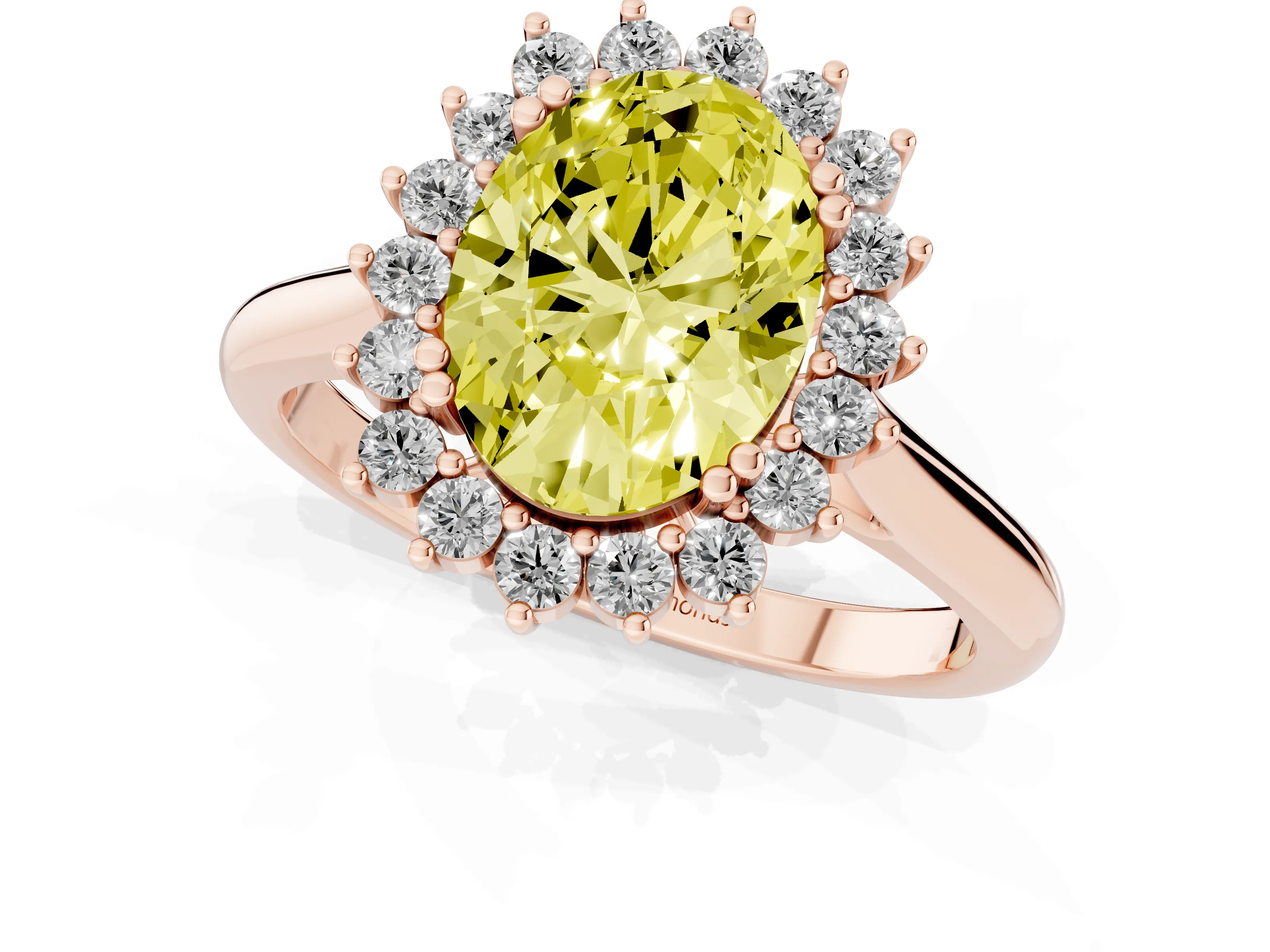 Fancy Yellow Oval Cut Diamond Halo Ring Set in Rose gold with Plain Solitaire Band and Prong Setting